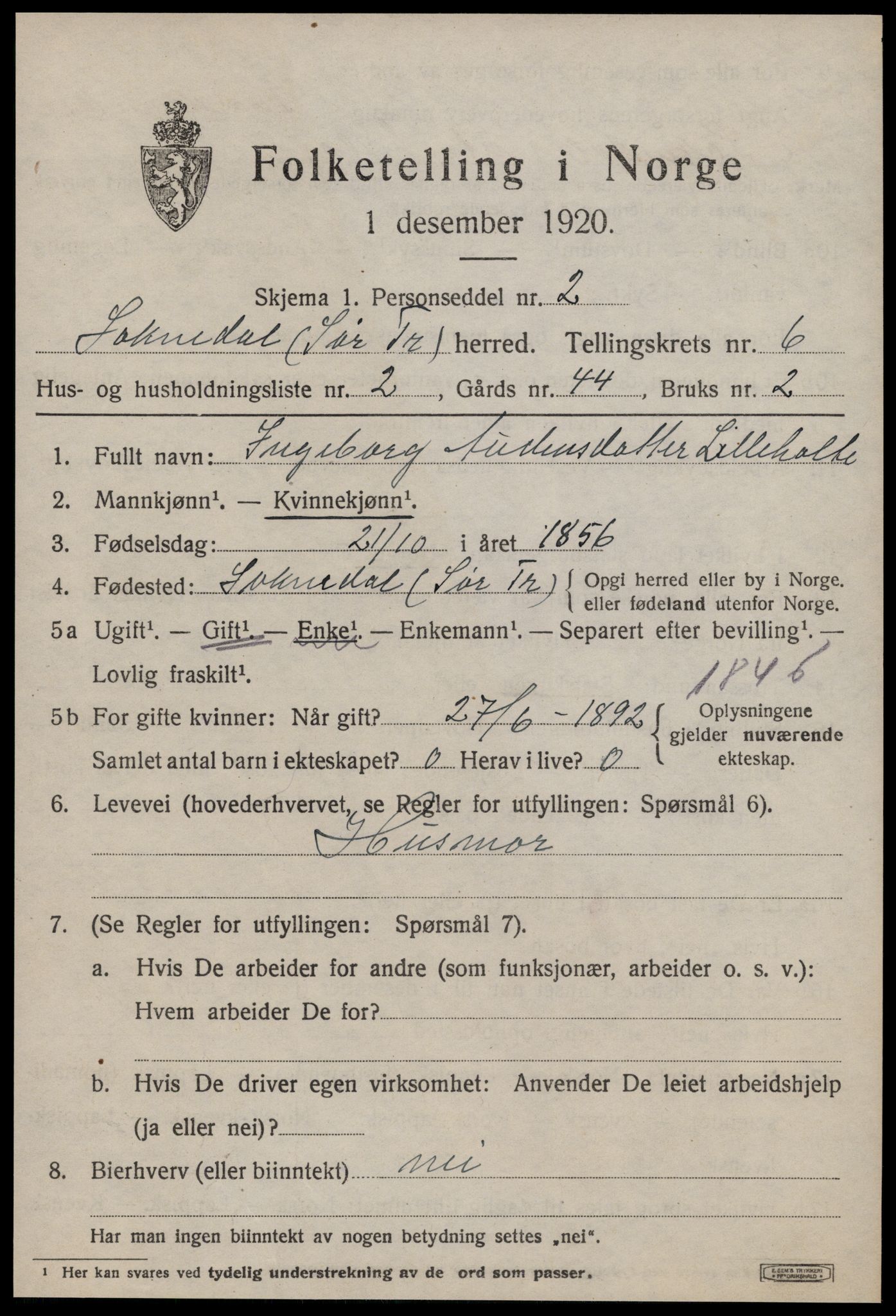 SAT, 1920 census for Soknedal, 1920, p. 3064