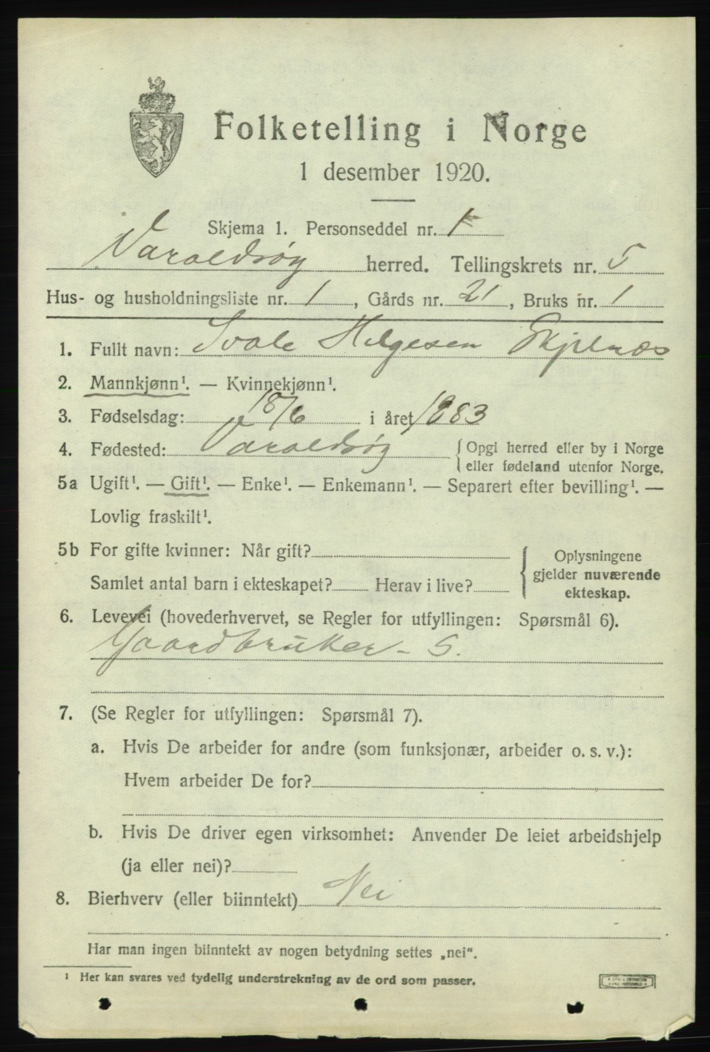 SAB, 1920 census for Varaldsøy, 1920, p. 1785