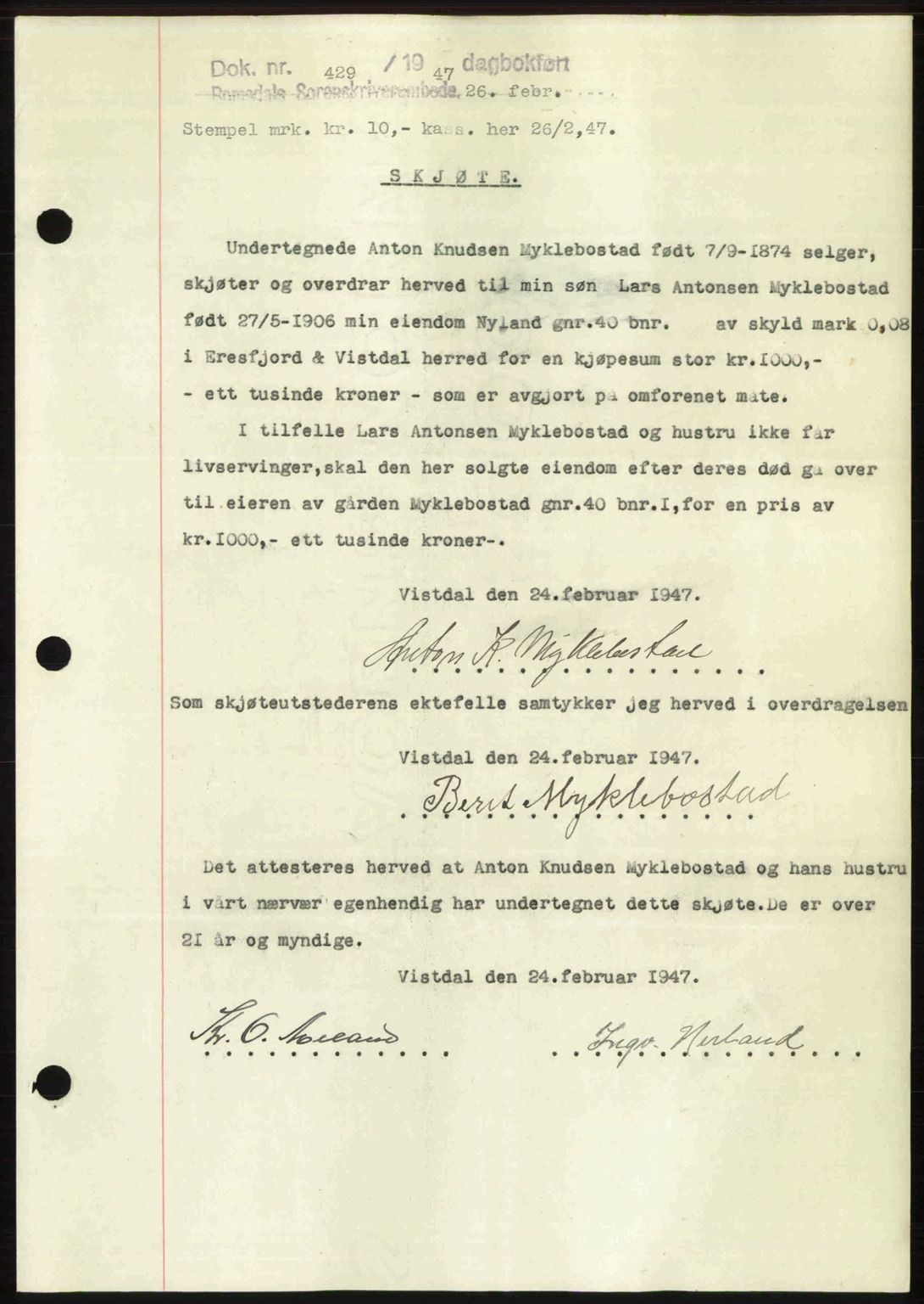 Romsdal sorenskriveri, SAT/A-4149/1/2/2C: Mortgage book no. A22, 1947-1947, Diary no: : 429/1947