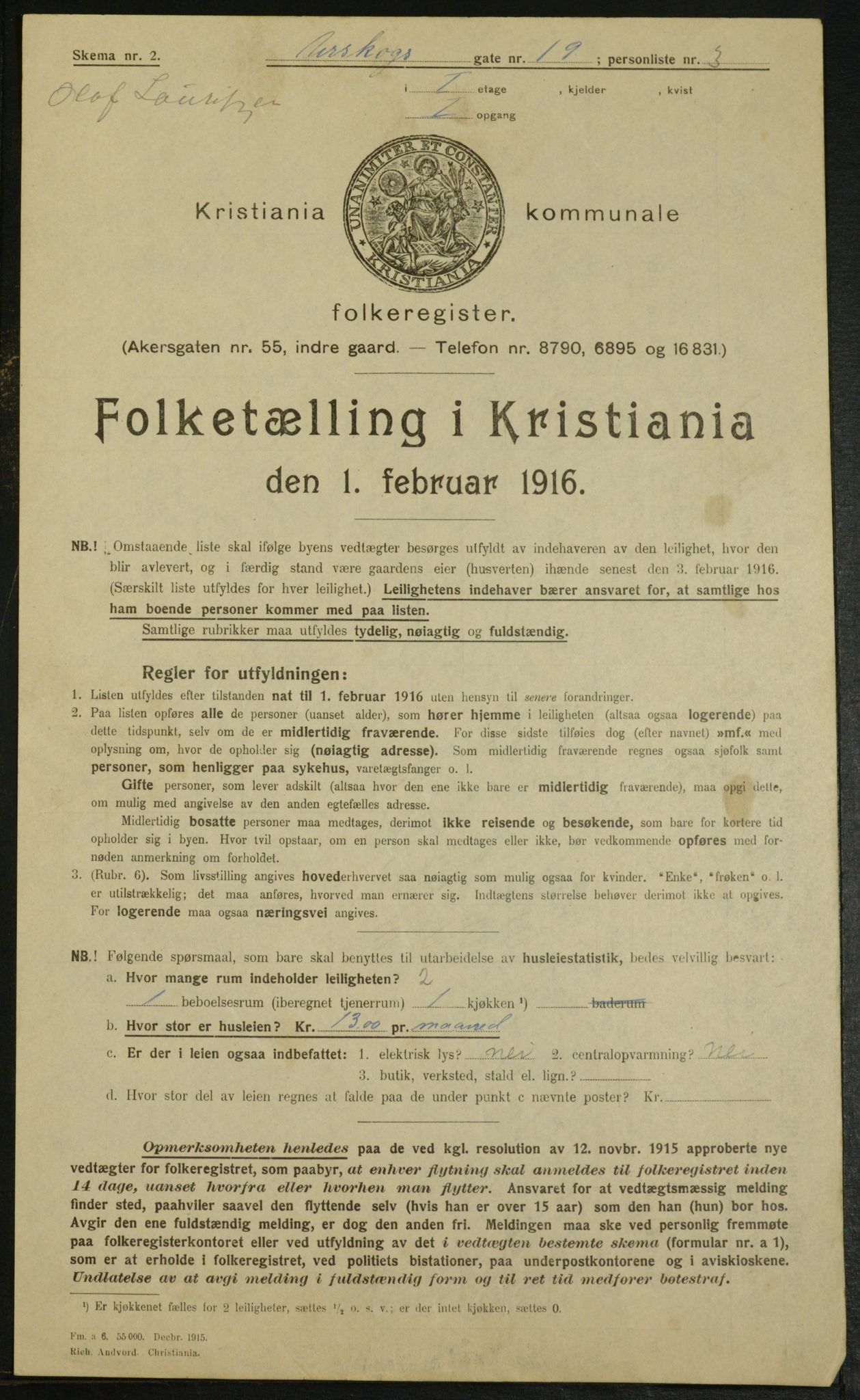 OBA, Municipal Census 1916 for Kristiania, 1916, p. 2718