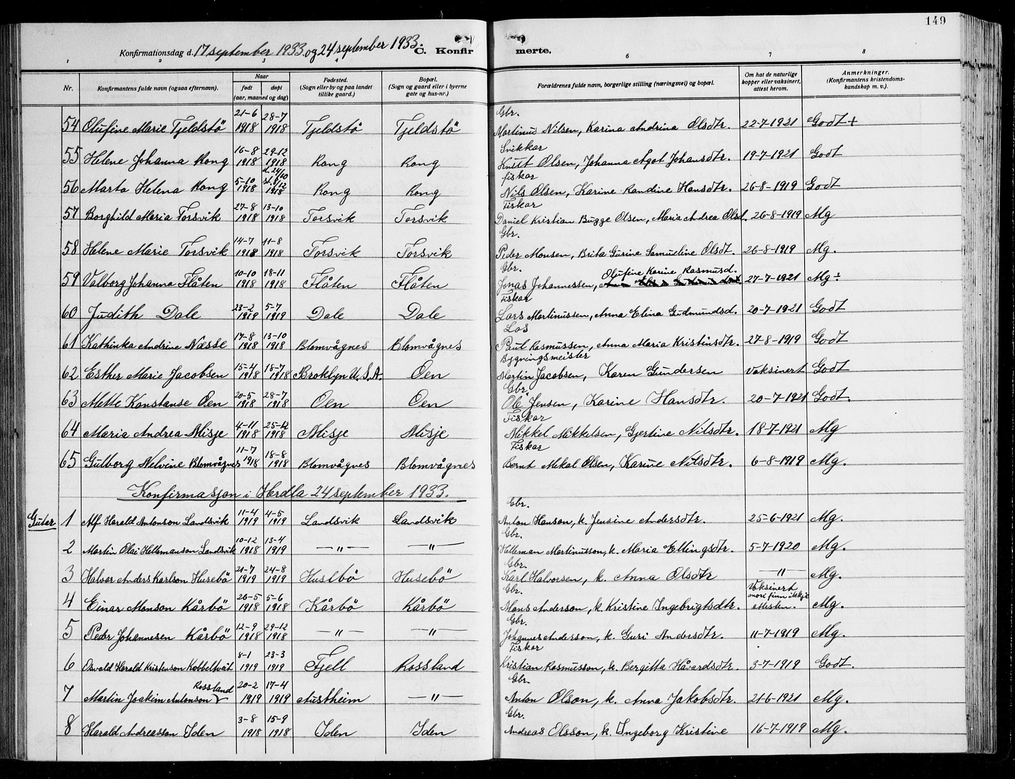 Herdla Sokneprestembete, AV/SAB-A-75701/H/Hab: Parish register (copy) no. C 3, 1926-1940, p. 149