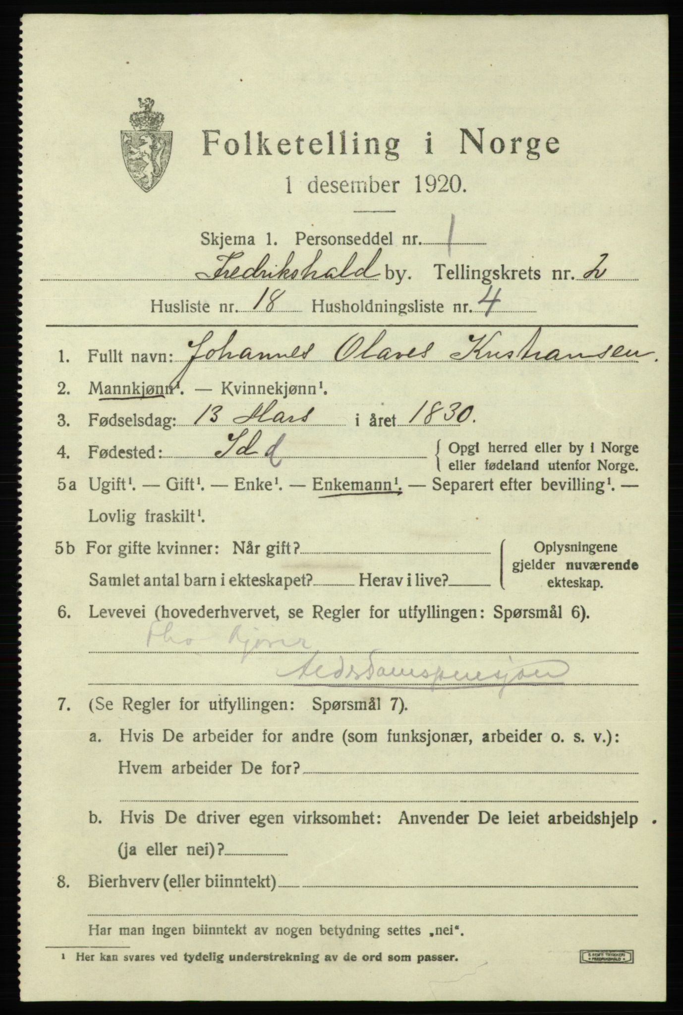 SAO, 1920 census for Fredrikshald, 1920, p. 9696