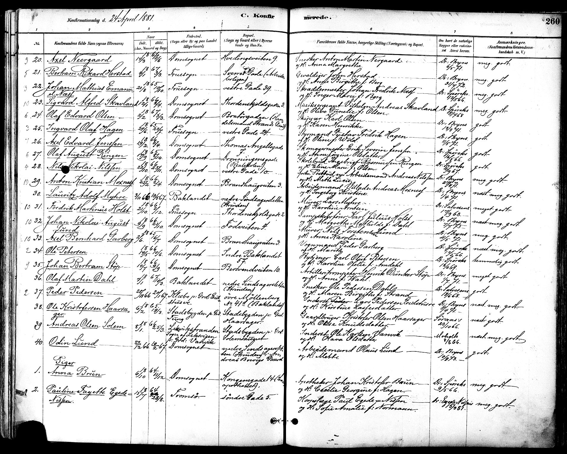 Ministerialprotokoller, klokkerbøker og fødselsregistre - Sør-Trøndelag, SAT/A-1456/601/L0057: Parish register (official) no. 601A25, 1877-1891, p. 260