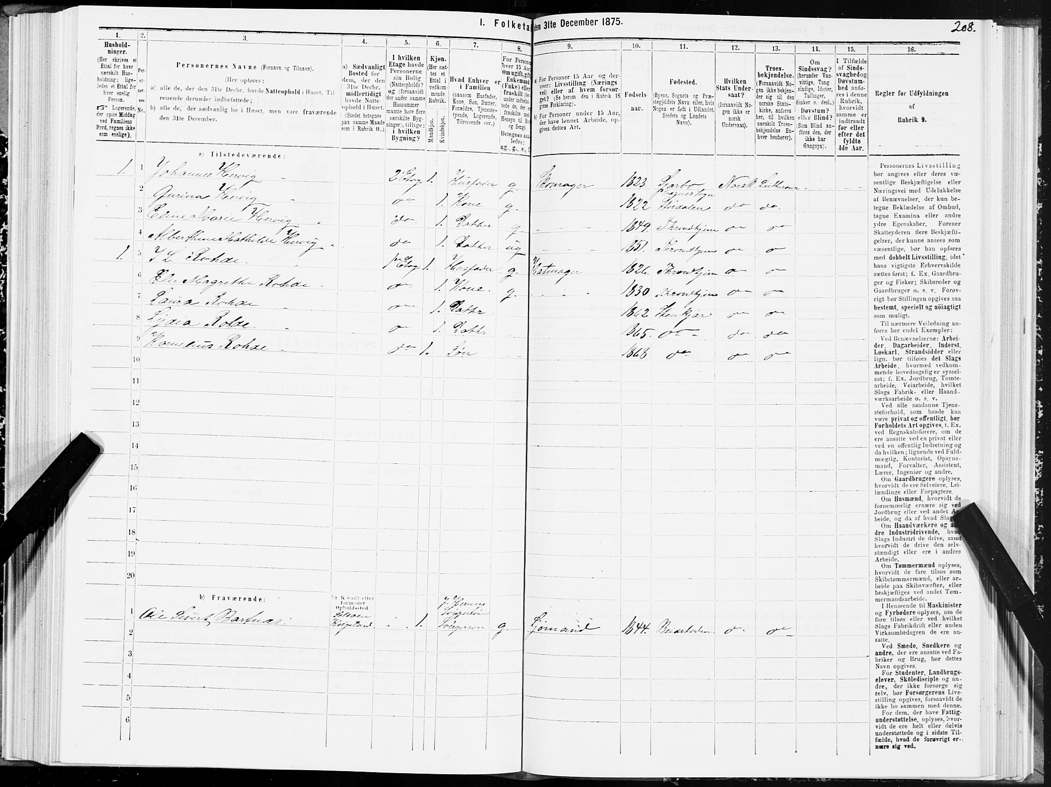 SAT, 1875 census for 1702B Steinkjer/Steinkjer, 1875, p. 208