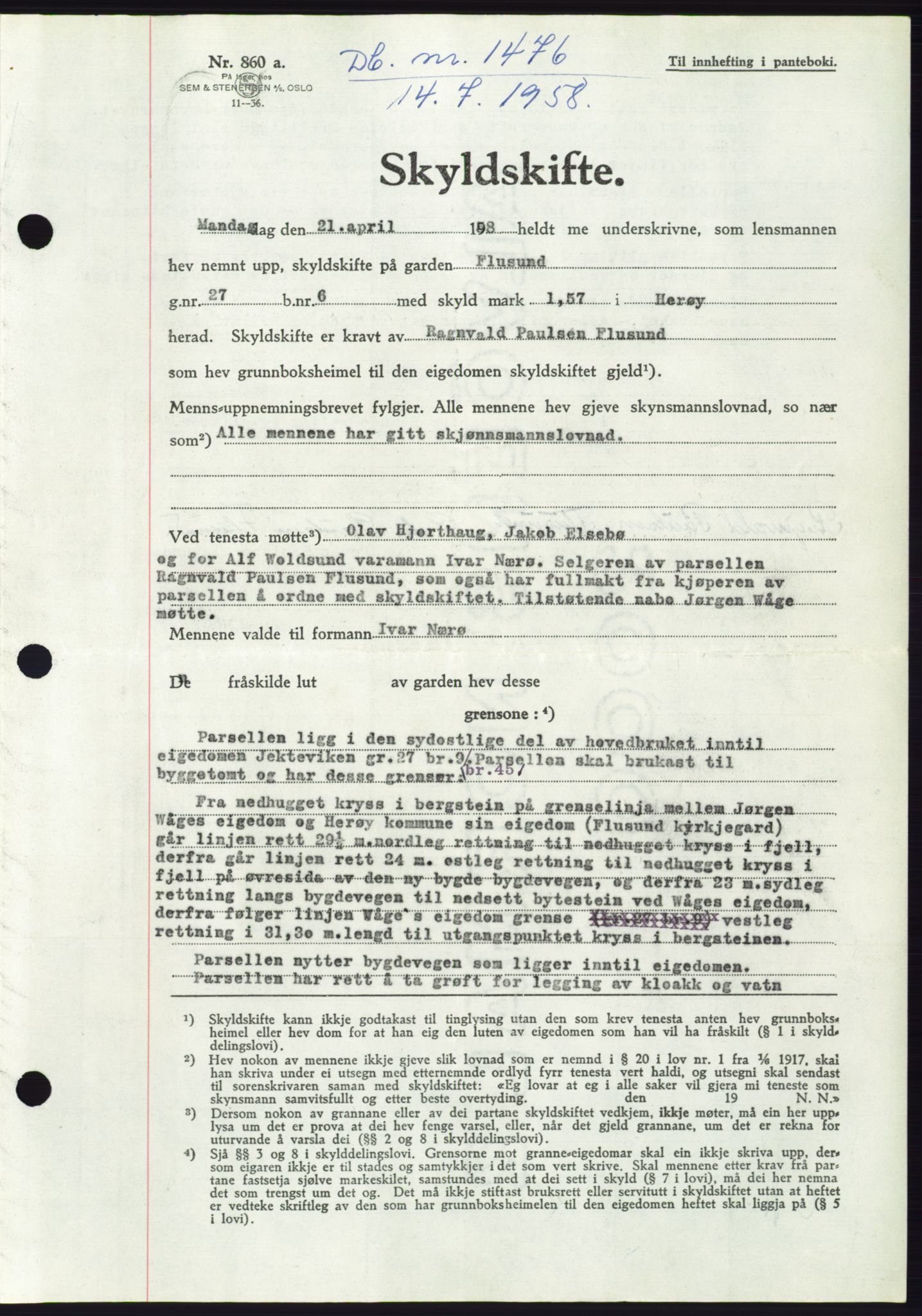 Søre Sunnmøre sorenskriveri, AV/SAT-A-4122/1/2/2C/L0110: Mortgage book no. 36A, 1958-1958, Diary no: : 1476/1958