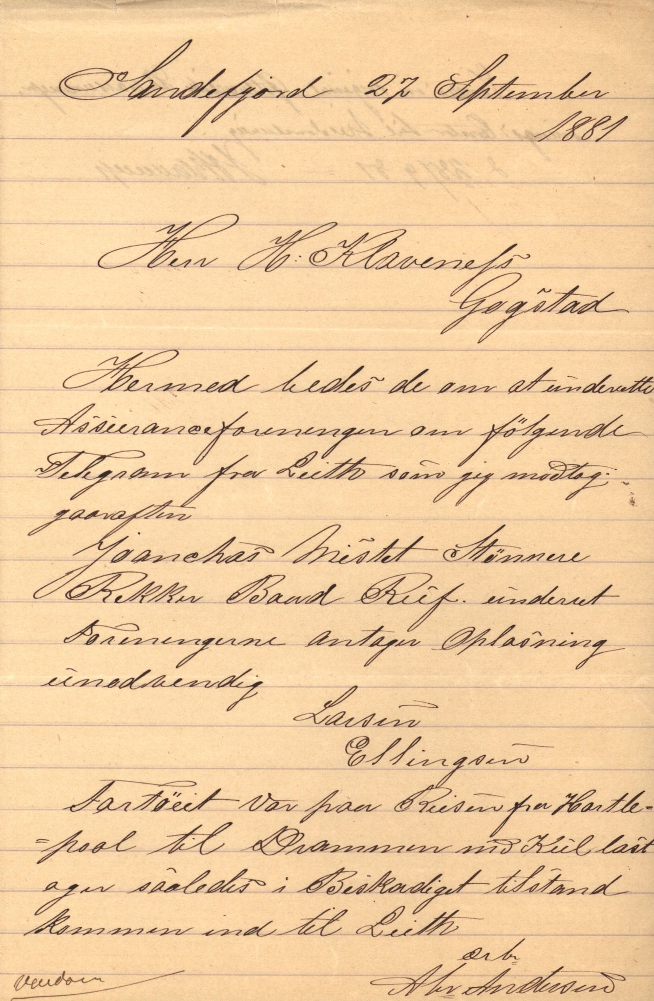 Pa 63 - Østlandske skibsassuranceforening, VEMU/A-1079/G/Ga/L0014/0003: Havaridokumenter / Helene, Joanchas, Kong Oskar af Sandefjord, Kong Oscar af Haugesund, 1881, p. 5