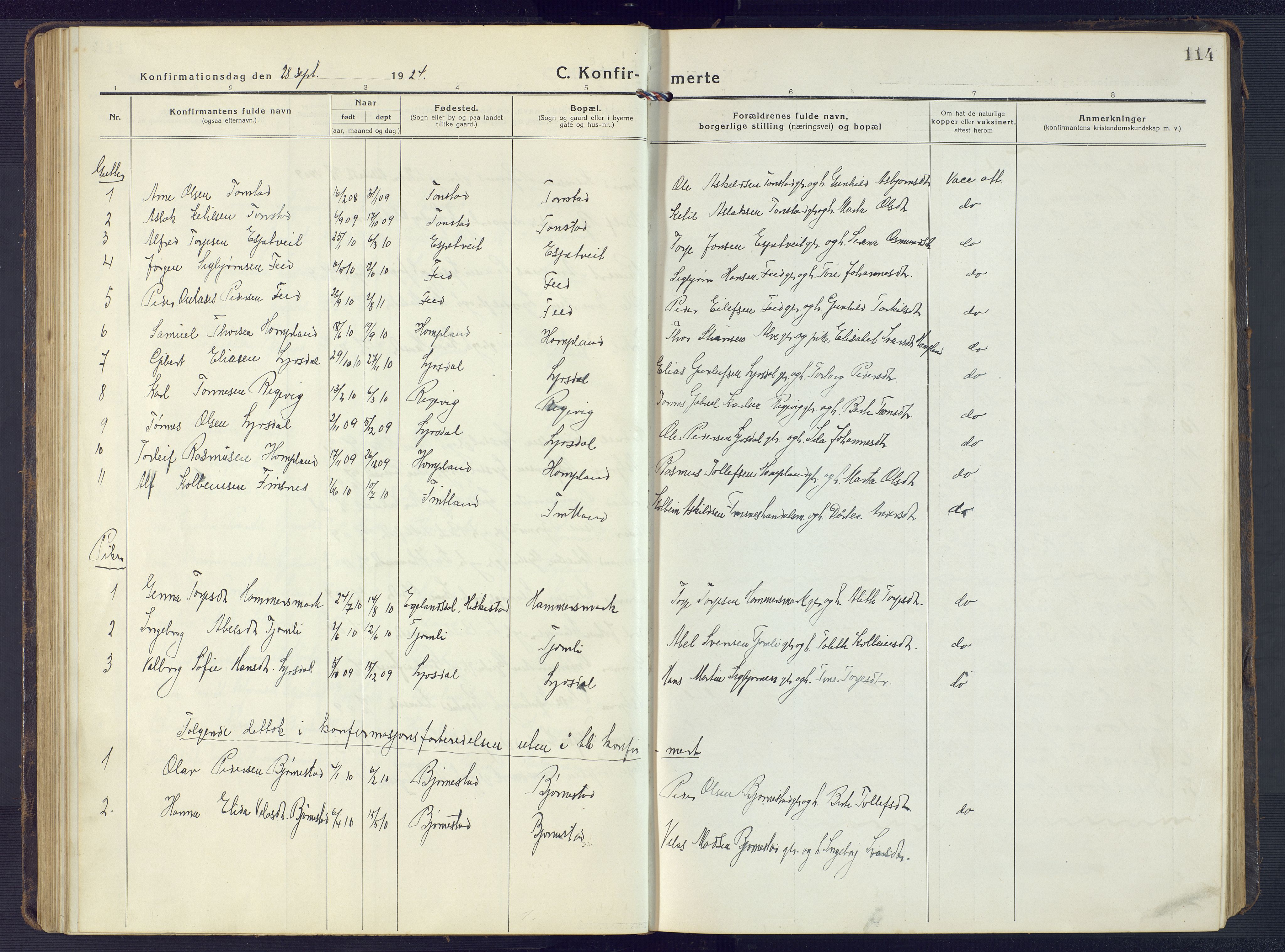 Sirdal sokneprestkontor, SAK/1111-0036/F/Fb/Fbb/L0005: Parish register (copy) no. B 5, 1916-1960, p. 114