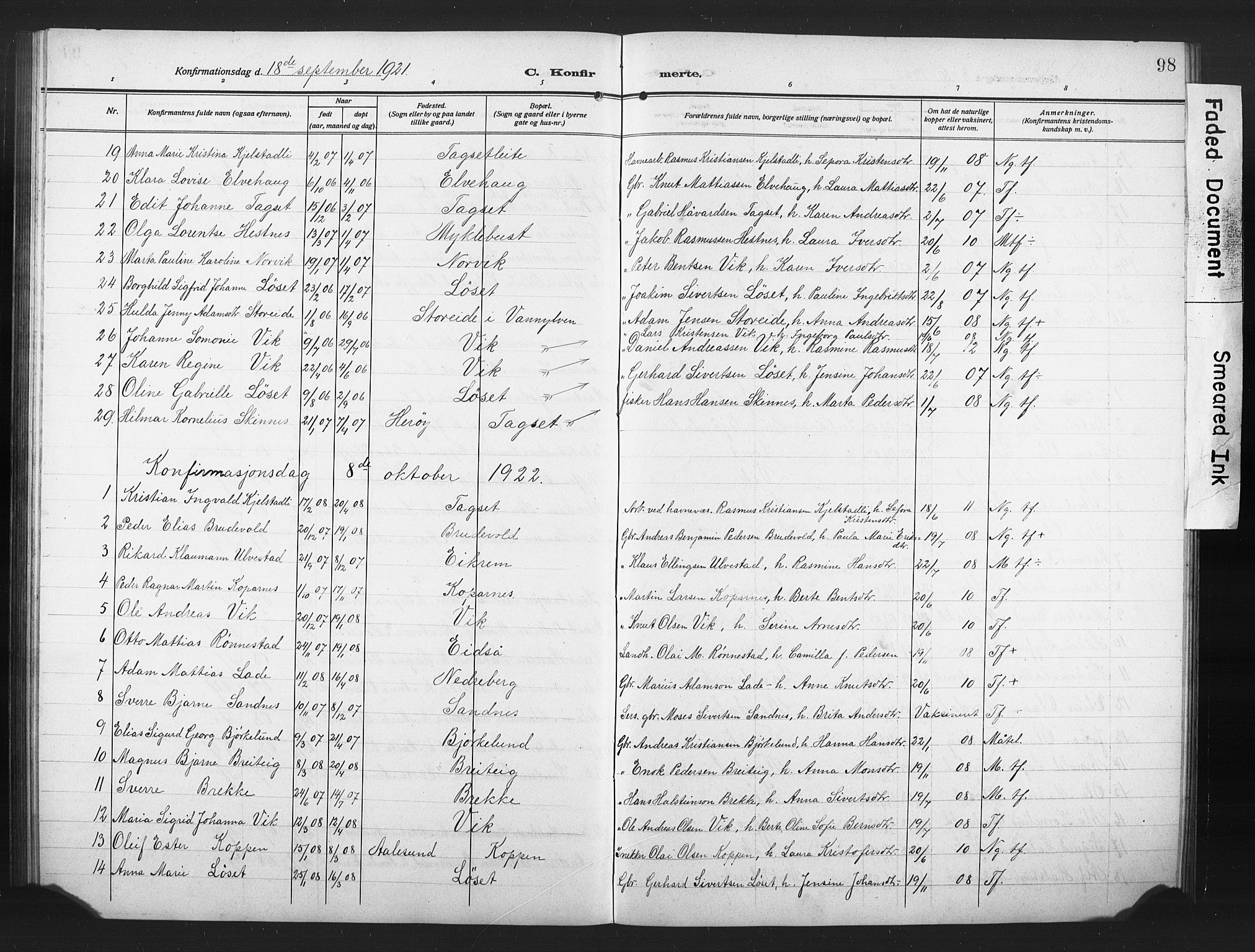 Ministerialprotokoller, klokkerbøker og fødselsregistre - Møre og Romsdal, AV/SAT-A-1454/502/L0028: Parish register (copy) no. 502C02, 1909-1932, p. 98