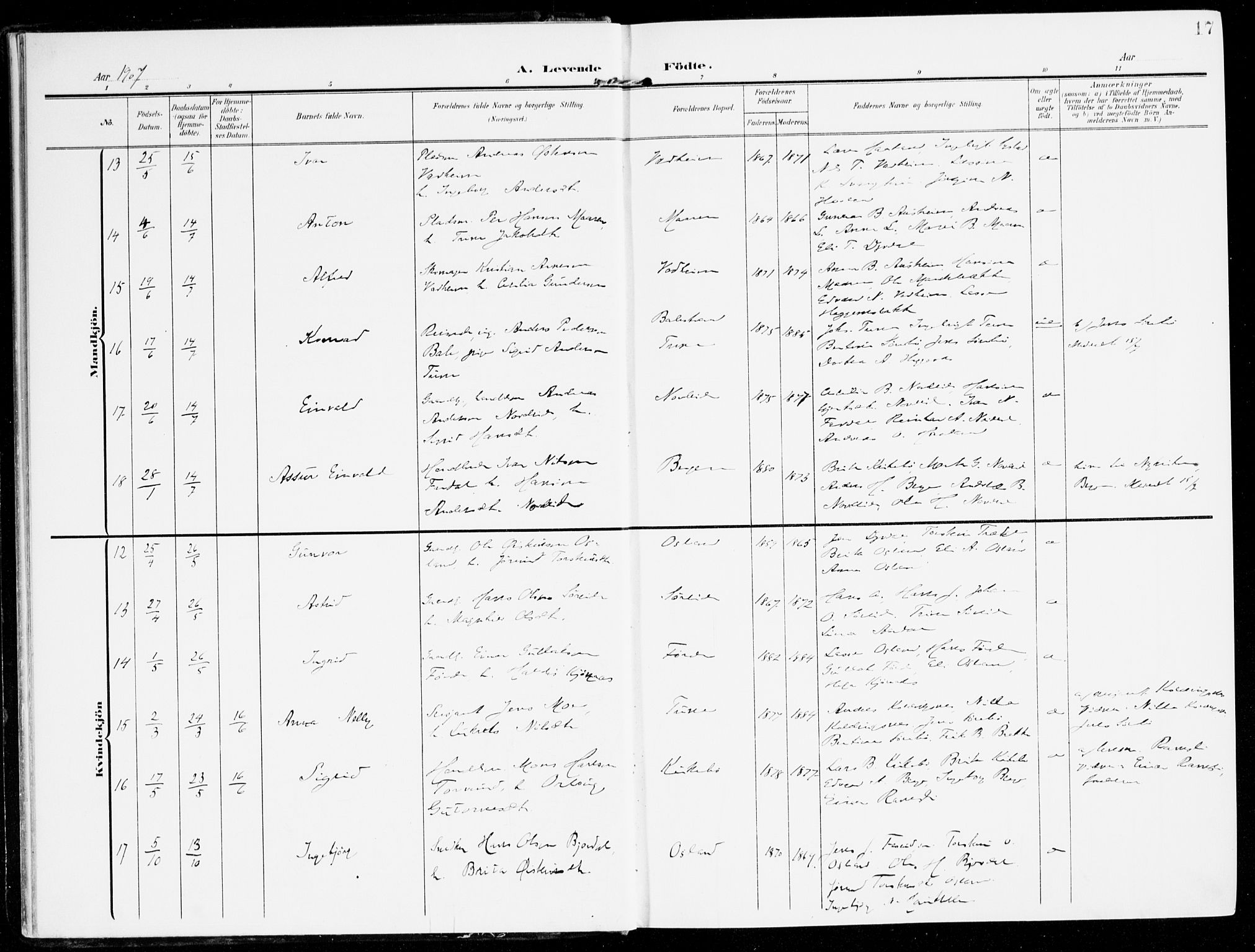 Lavik sokneprestembete, AV/SAB-A-80901: Parish register (official) no. C 2, 1904-1921, p. 17