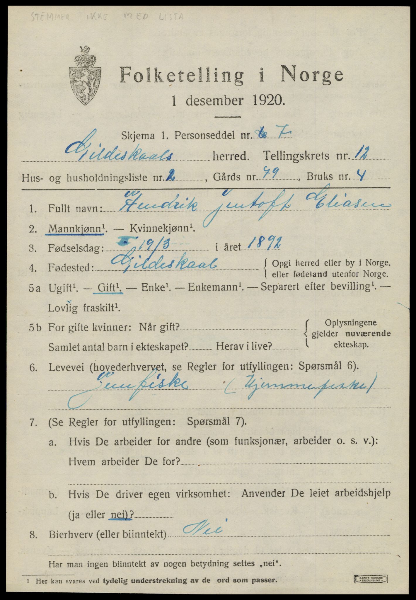 SAT, 1920 census for Gildeskål, 1920, p. 7238