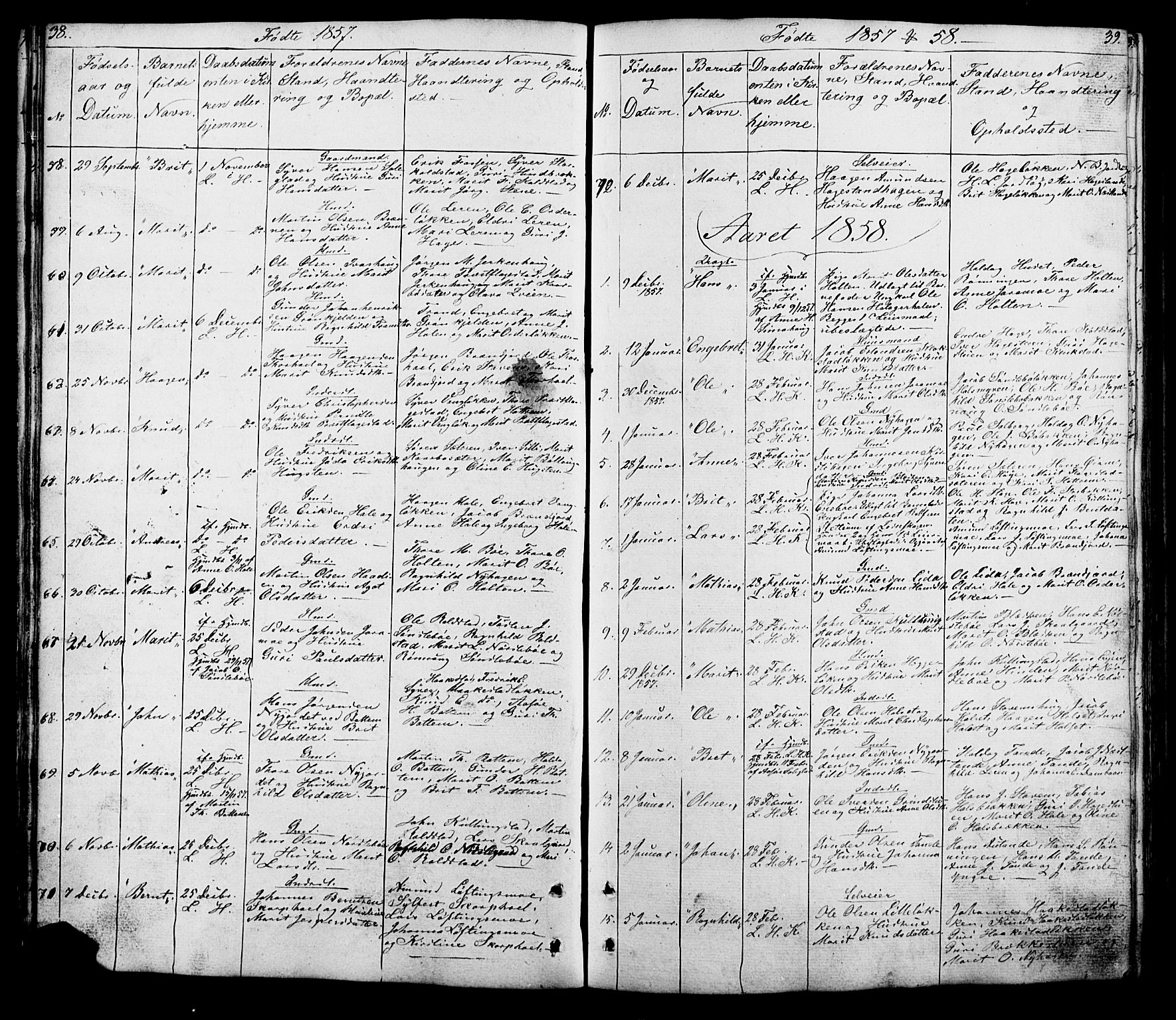 Lesja prestekontor, SAH/PREST-068/H/Ha/Hab/L0005: Parish register (copy) no. 5, 1850-1894, p. 38-39