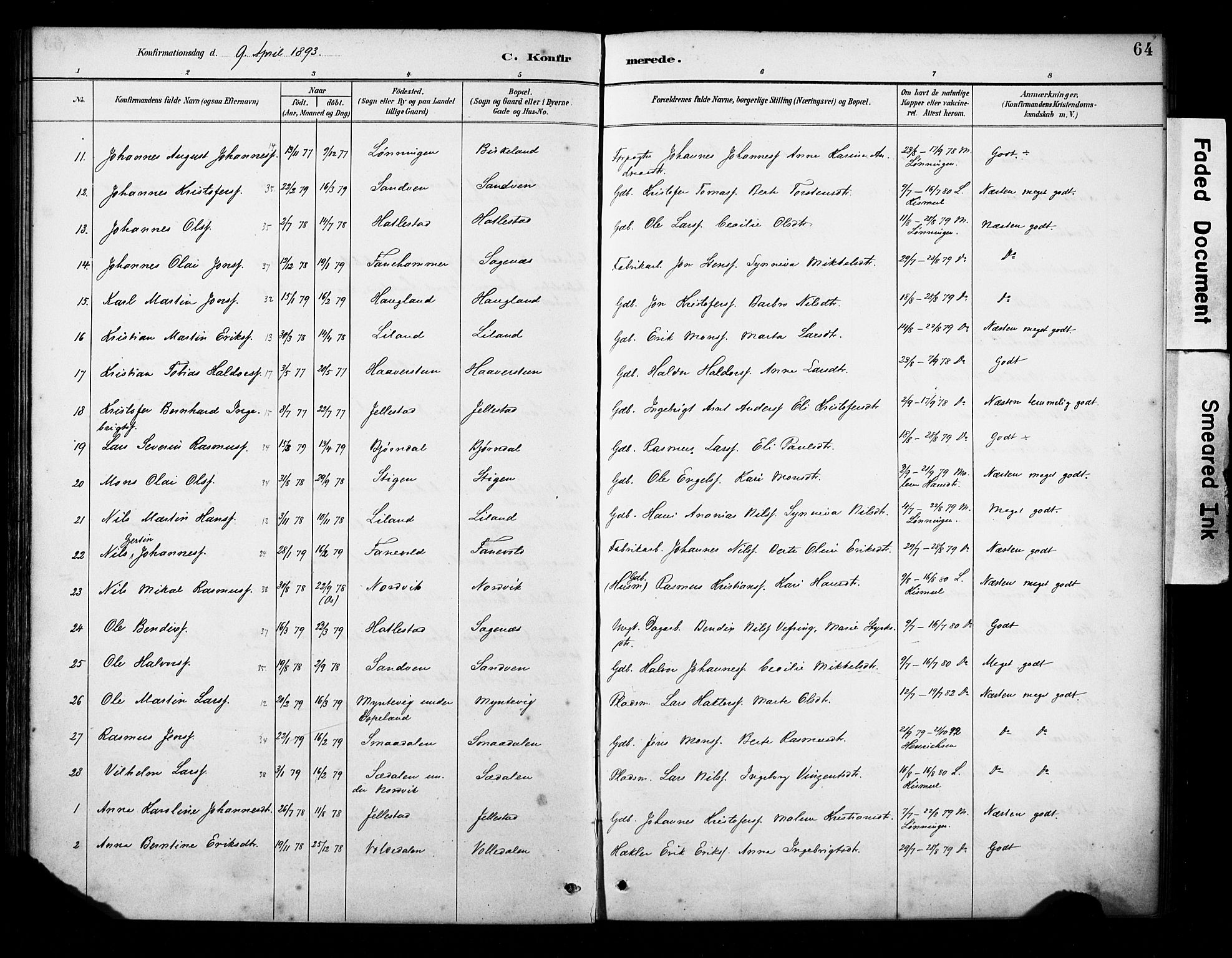 Fana Sokneprestembete, AV/SAB-A-75101/H/Haa/Haab/L0002: Parish register (official) no. B 2, 1890-1897, p. 64