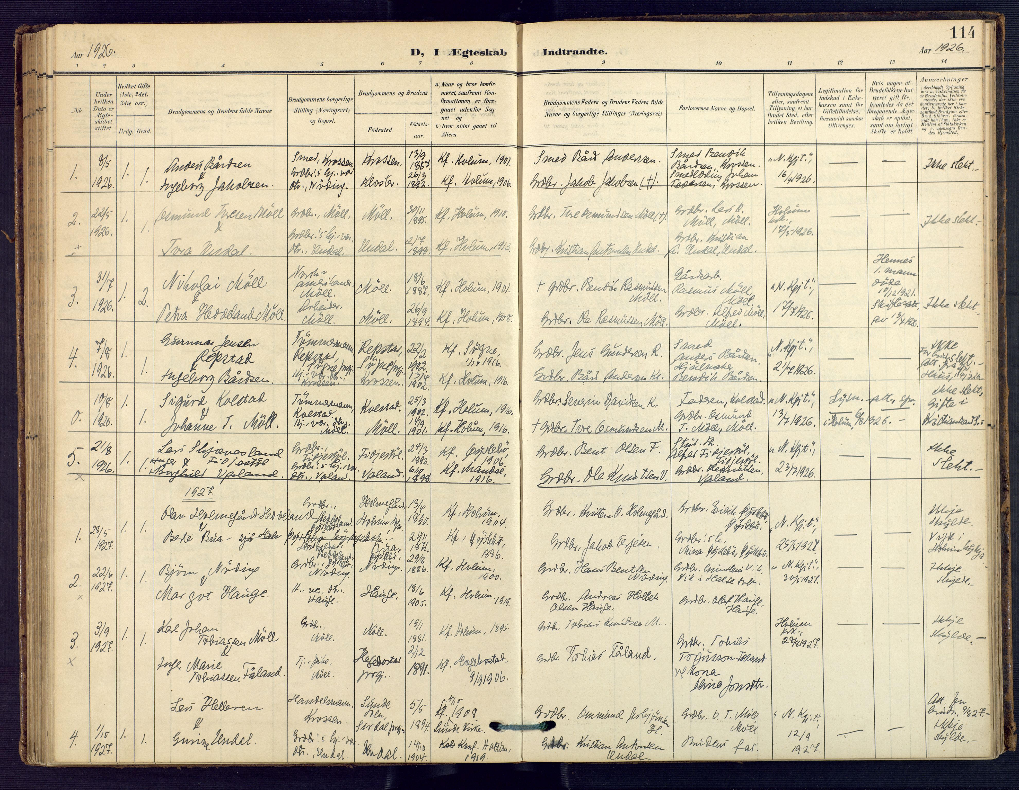 Holum sokneprestkontor, SAK/1111-0022/F/Fa/Faa/L0008: Parish register (official) no. A 8, 1908-1929, p. 114