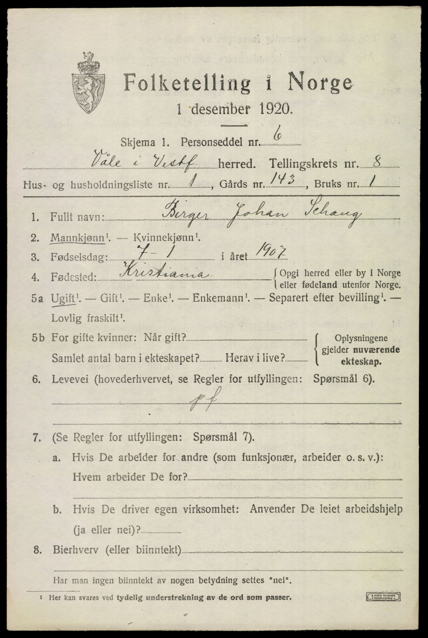 SAKO, 1920 census for Våle, 1920, p. 6170