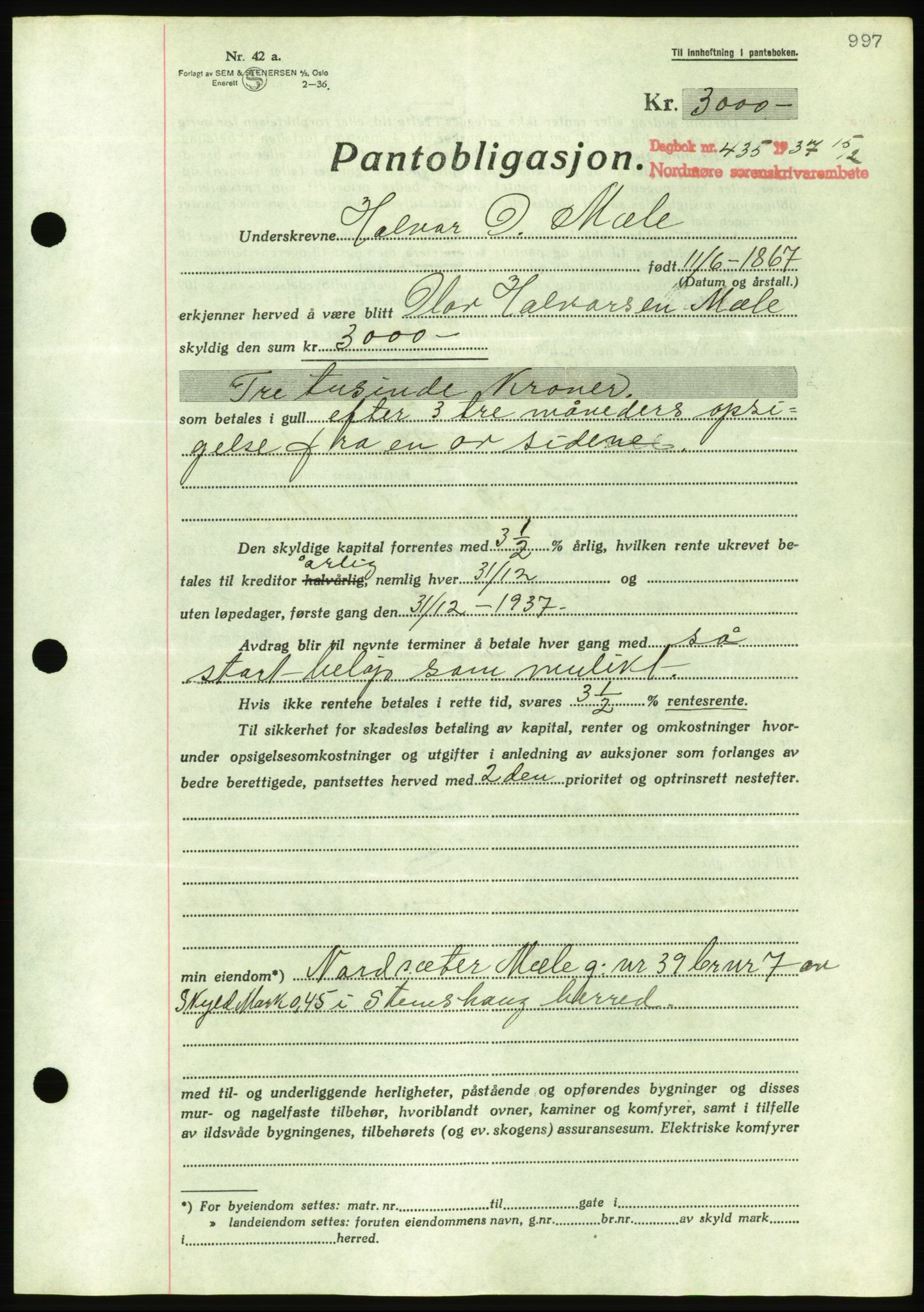 Nordmøre sorenskriveri, AV/SAT-A-4132/1/2/2Ca/L0090: Mortgage book no. B80, 1936-1937, Diary no: : 435/1937