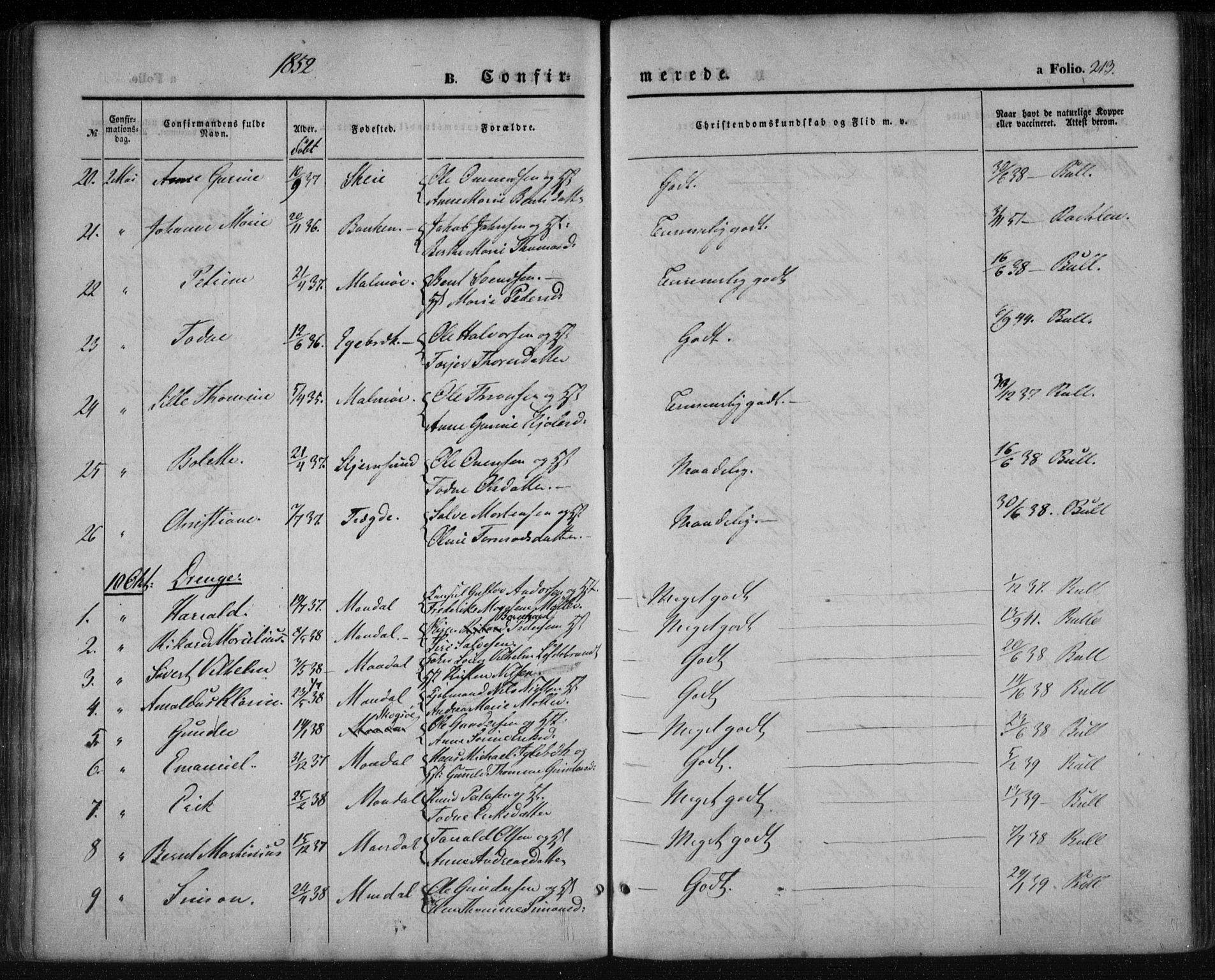 Mandal sokneprestkontor, AV/SAK-1111-0030/F/Fa/Faa/L0013: Parish register (official) no. A 13, 1847-1859, p. 213