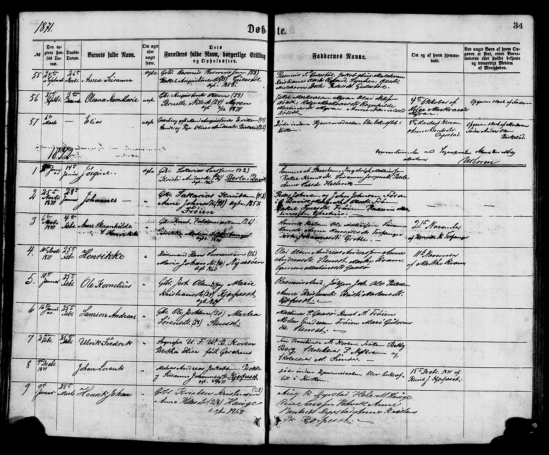 Bremanger sokneprestembete, SAB/A-82201/H/Hab/Haba/L0002: Parish register (copy) no. A 2, 1866-1889, p. 34