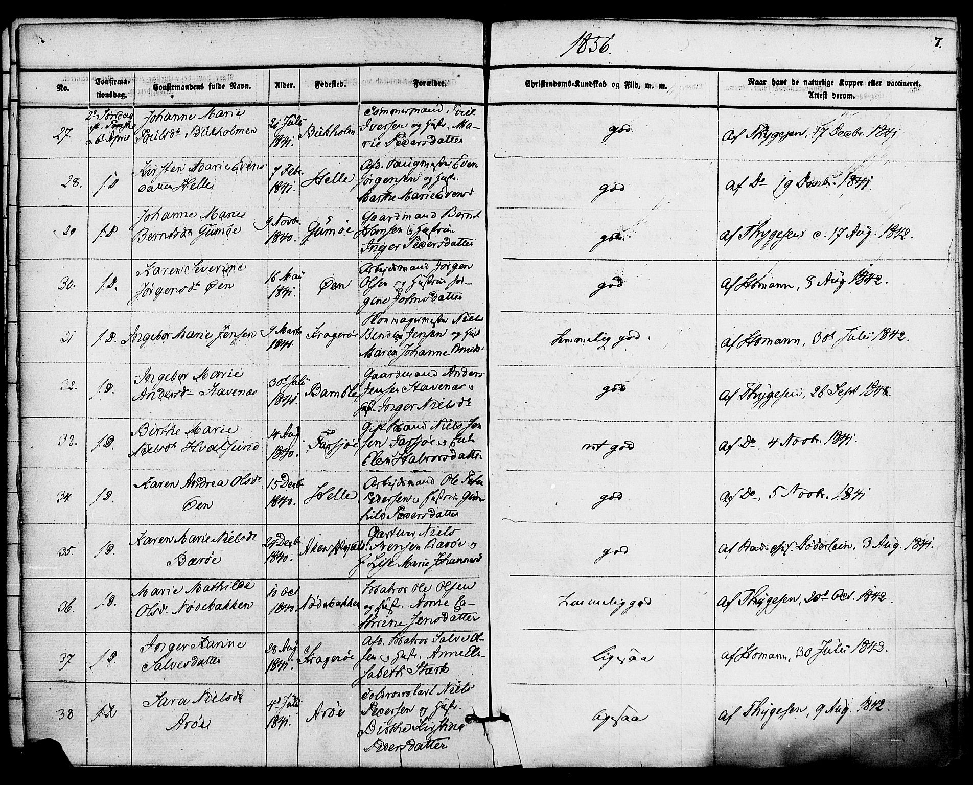 Kragerø kirkebøker, SAKO/A-278/F/Fa/L0008: Parish register (official) no. 8, 1856-1880, p. 7
