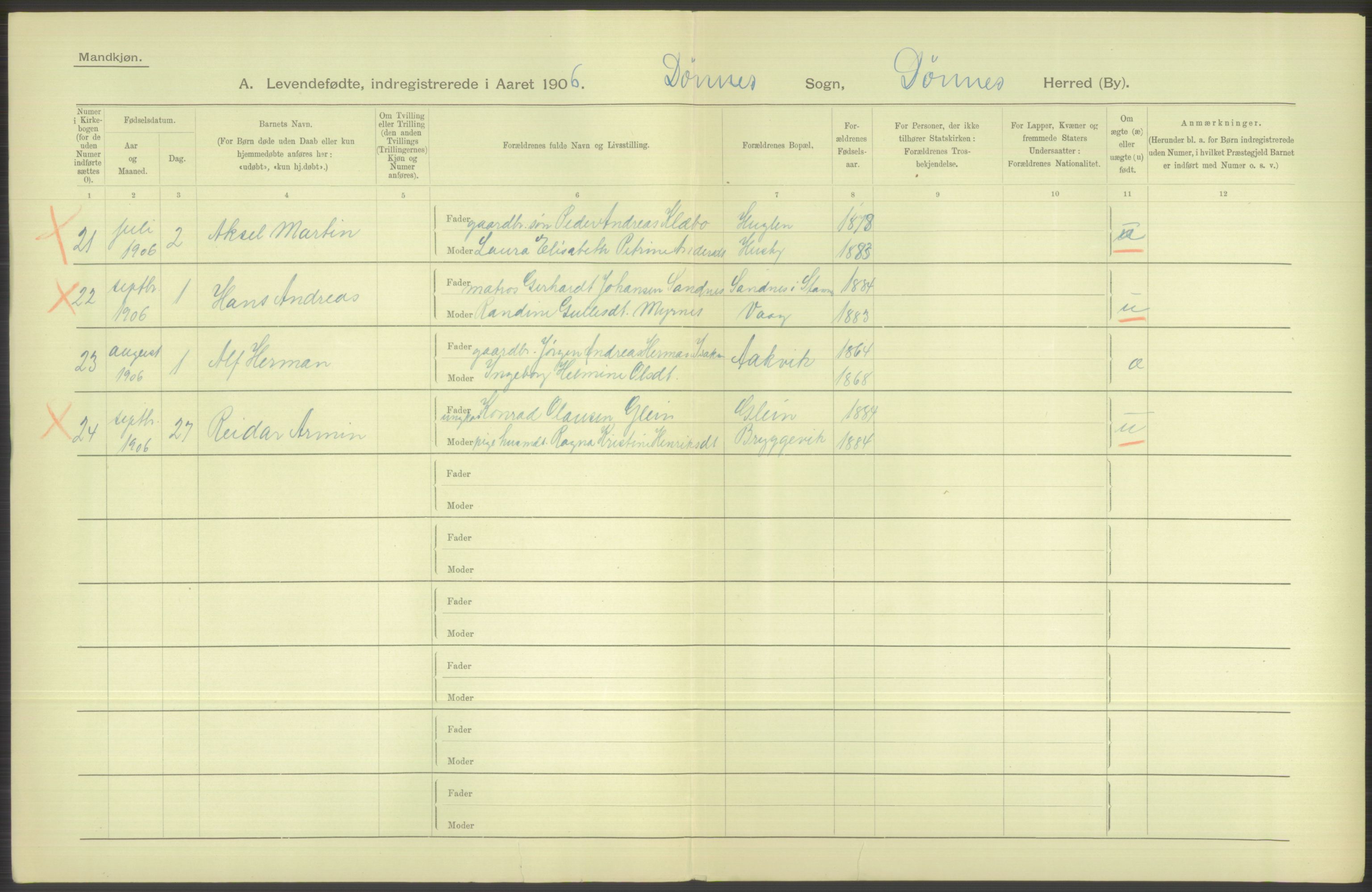 Statistisk sentralbyrå, Sosiodemografiske emner, Befolkning, AV/RA-S-2228/D/Df/Dfa/Dfad/L0043: Nordlands amt: Levendefødte menn og kvinner. Bygder., 1906, p. 86