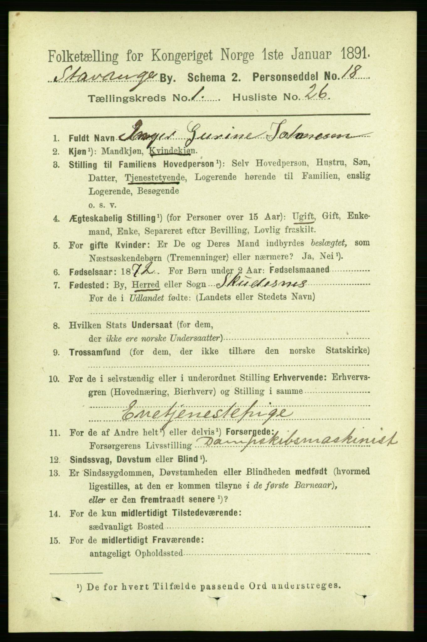 RA, 1891 census for 1103 Stavanger, 1891, p. 5354