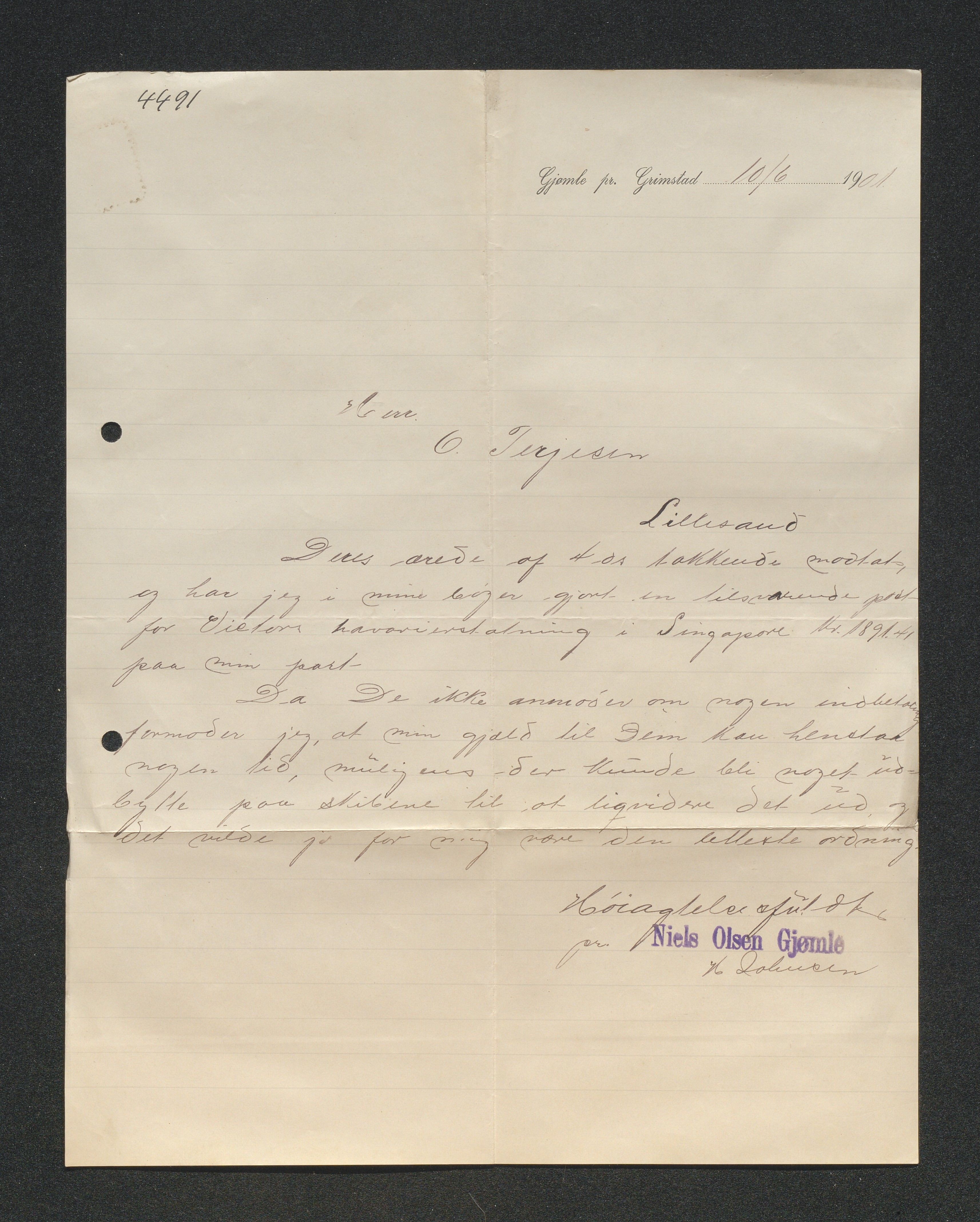 O. Terjesens rederi, AAKS/PA-2525/E/E01/L0009: Korrespondanse, 1901