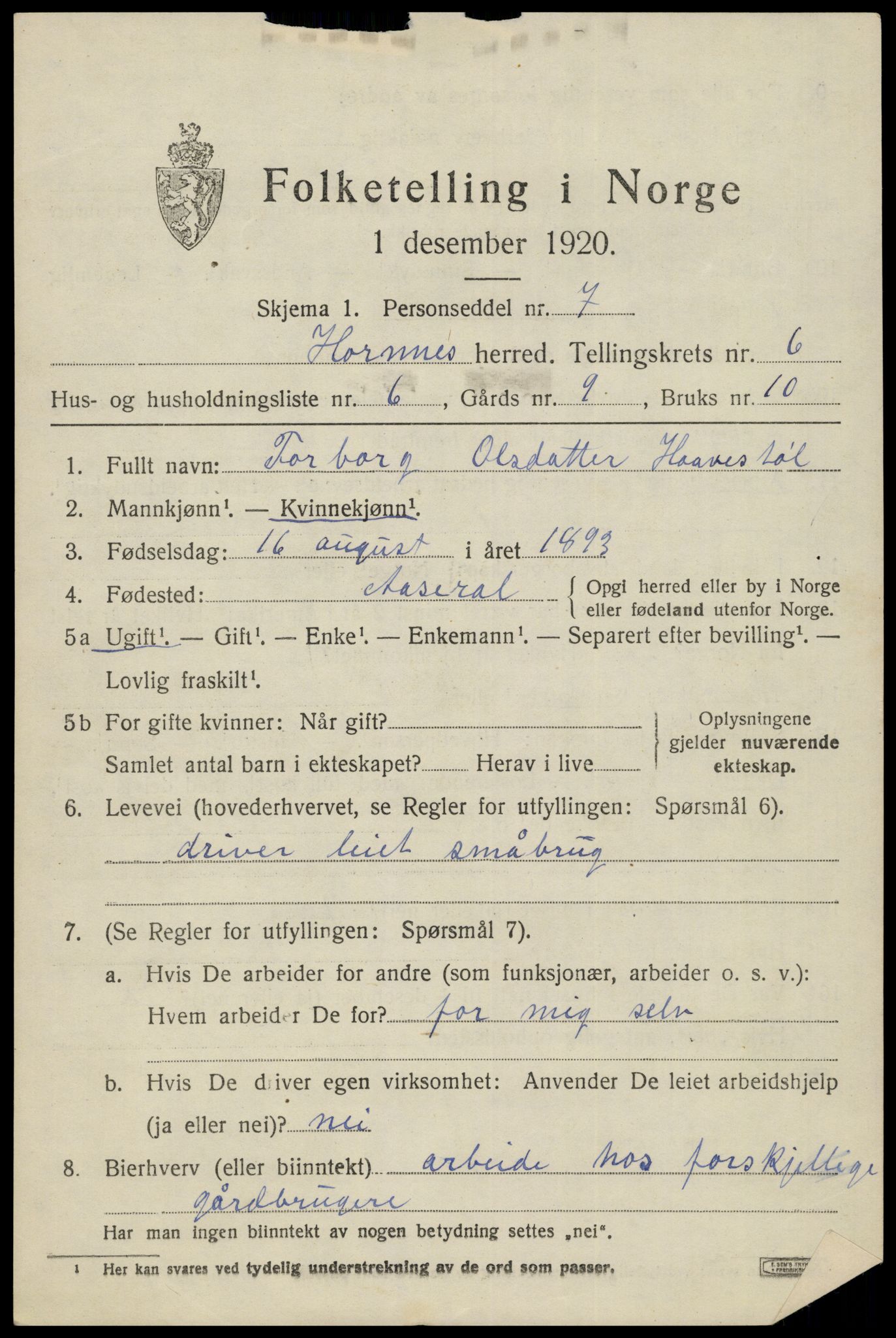 SAK, 1920 census for Hornnes, 1920, p. 1625
