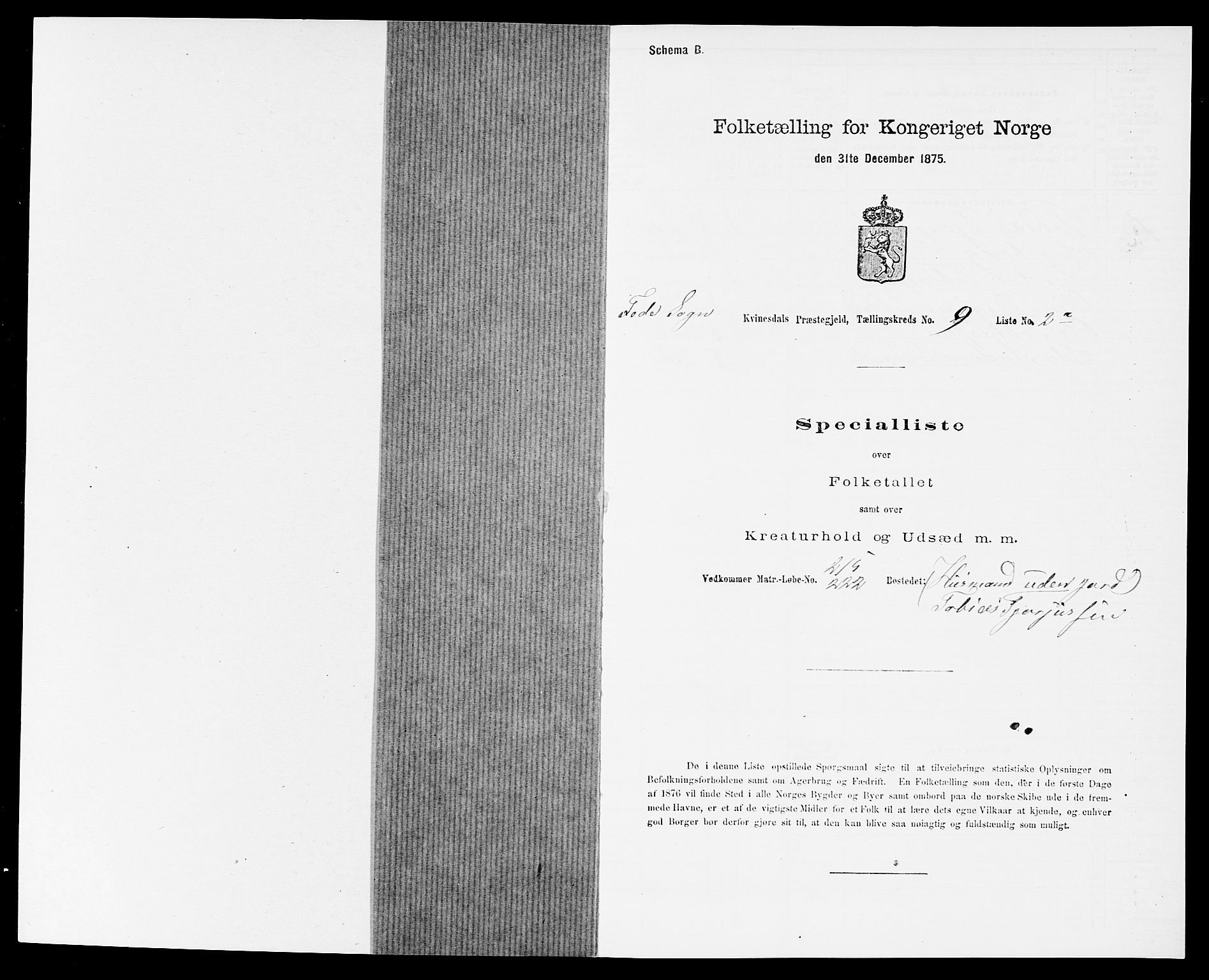 SAK, 1875 census for 1037P Kvinesdal, 1875, p. 1463