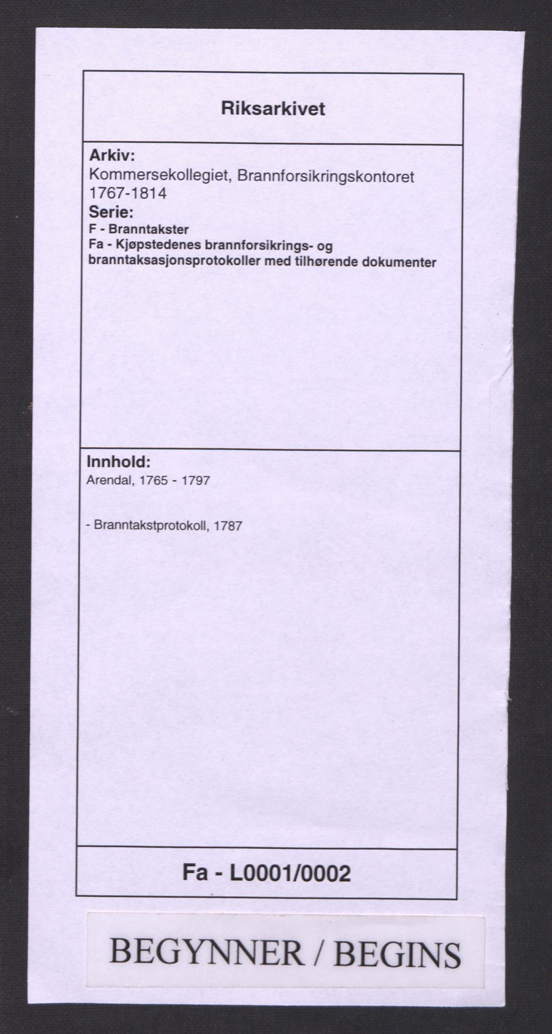 Kommersekollegiet, Brannforsikringskontoret 1767-1814, RA/EA-5458/F/Fa/L0001/0002: Arendal / Branntakstprotokoll, 1787