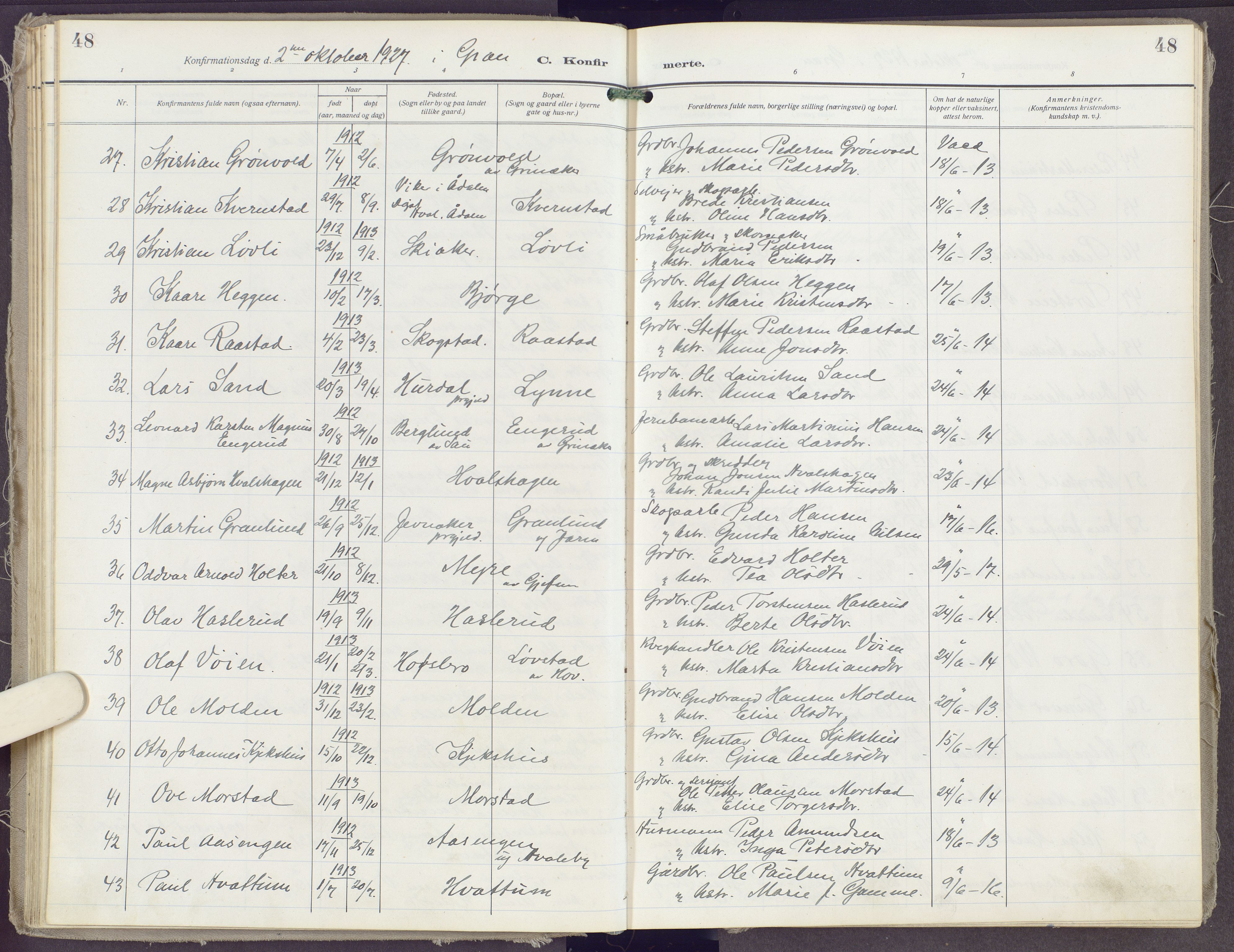 Gran prestekontor, AV/SAH-PREST-112/H/Ha/Haa/L0023: Parish register (official) no. 23, 1919-1938, p. 48