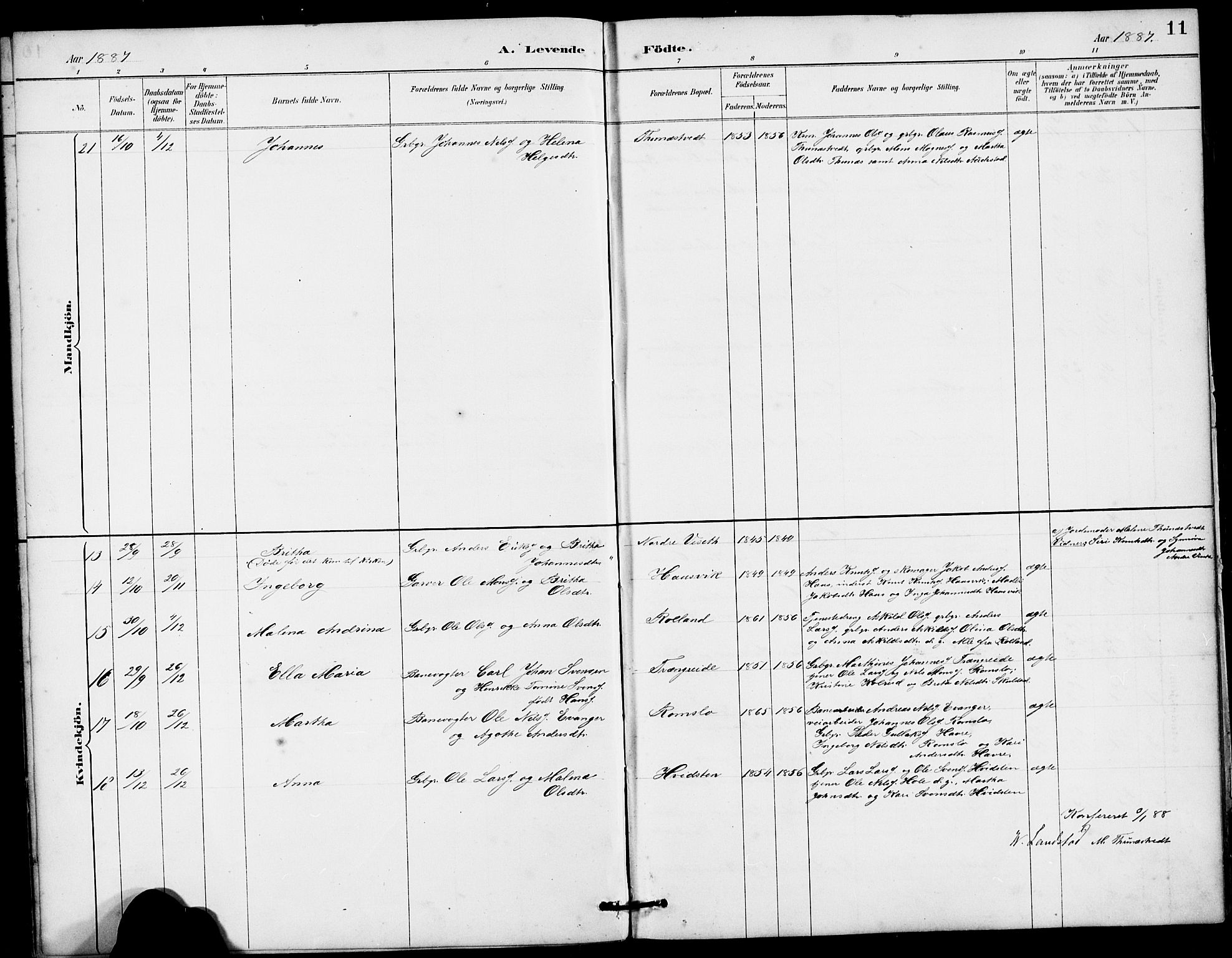 Haus sokneprestembete, AV/SAB-A-75601/H/Hab: Parish register (copy) no. B 3, 1885-1899, p. 11