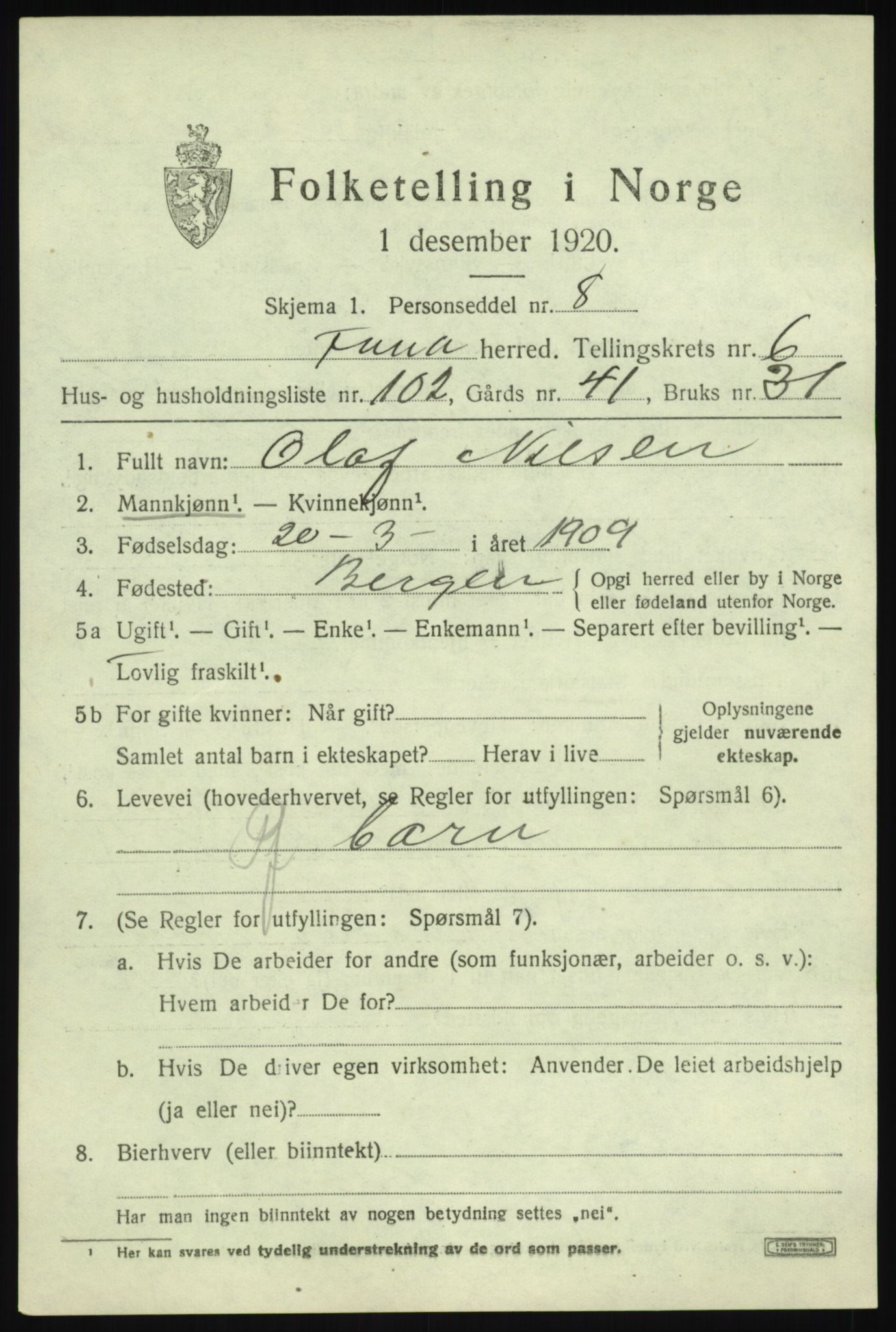 SAB, 1920 census for Fana, 1920, p. 12045