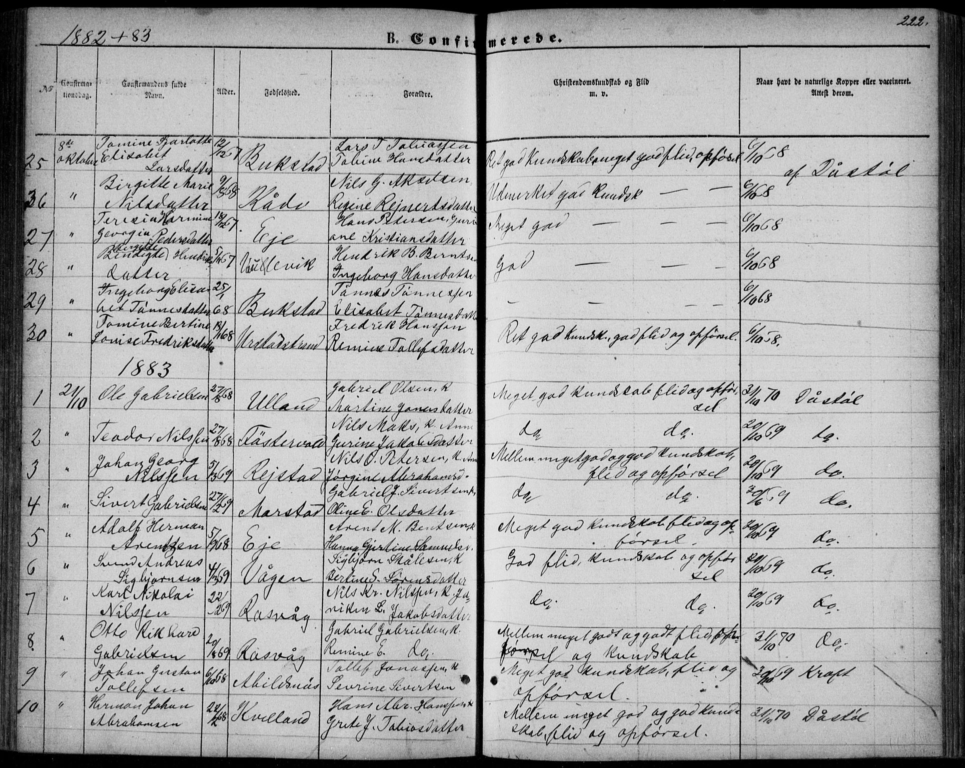 Flekkefjord sokneprestkontor, AV/SAK-1111-0012/F/Fb/Fbb/L0003: Parish register (copy) no. B 3, 1867-1889, p. 222