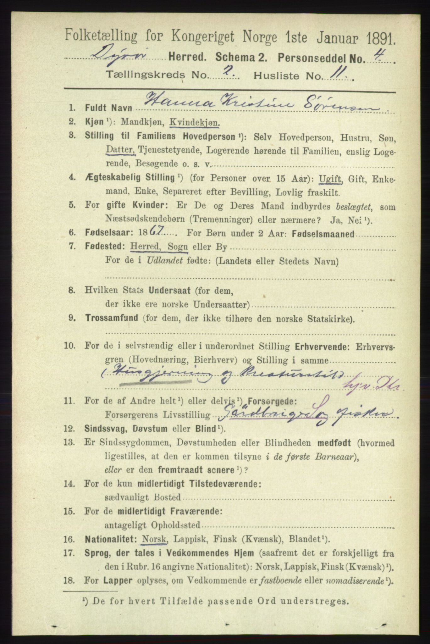 RA, 1891 census for 1926 Dyrøy, 1891, p. 605