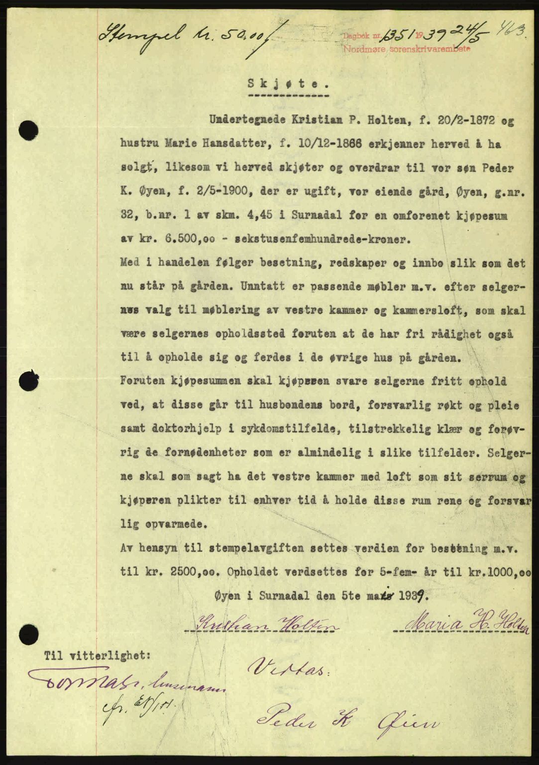 Nordmøre sorenskriveri, AV/SAT-A-4132/1/2/2Ca: Mortgage book no. A86, 1939-1939, Diary no: : 1351/1939