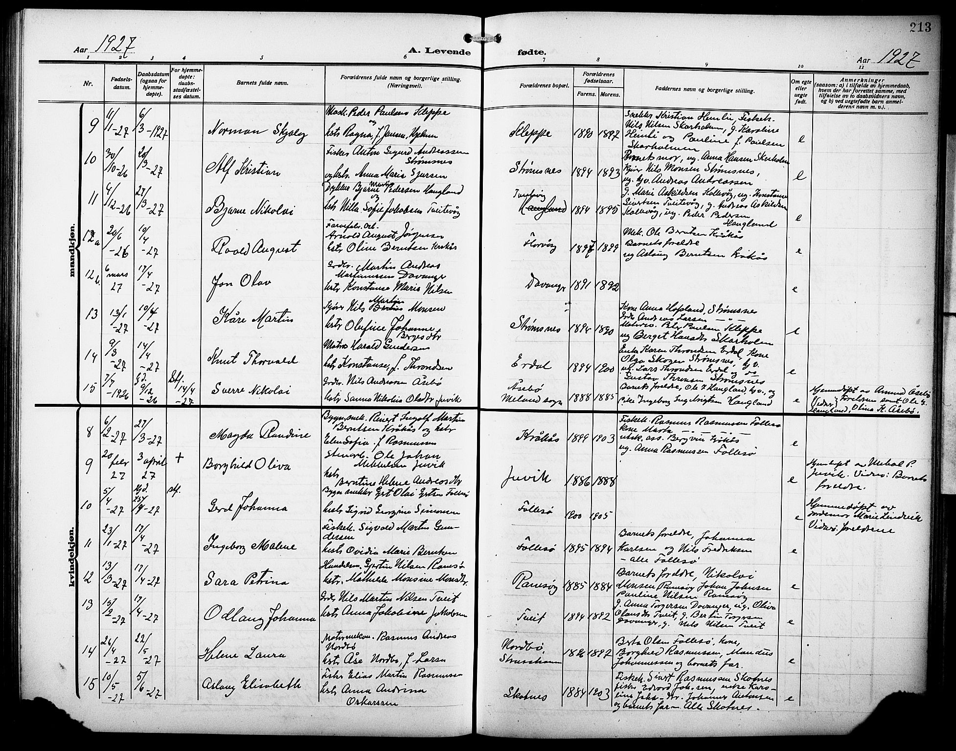 Askøy Sokneprestembete, AV/SAB-A-74101/H/Ha/Hab/Haba/L0011: Parish register (copy) no. A 11, 1908-1931, p. 213