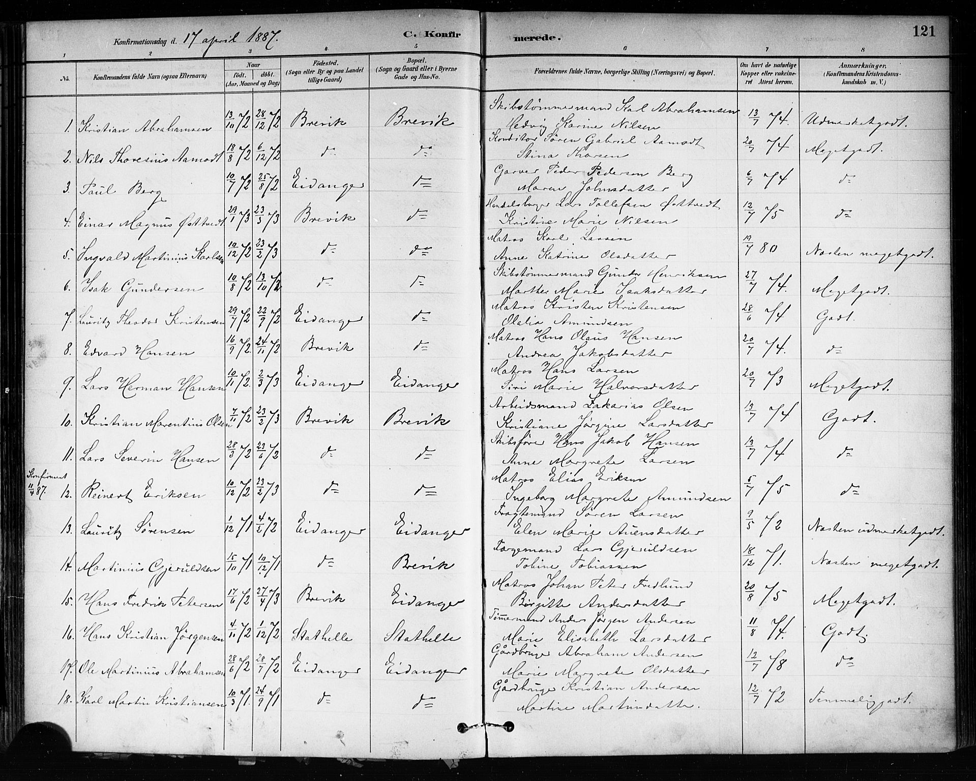 Brevik kirkebøker, AV/SAKO-A-255/F/Fa/L0007: Parish register (official) no. 7, 1882-1900, p. 121