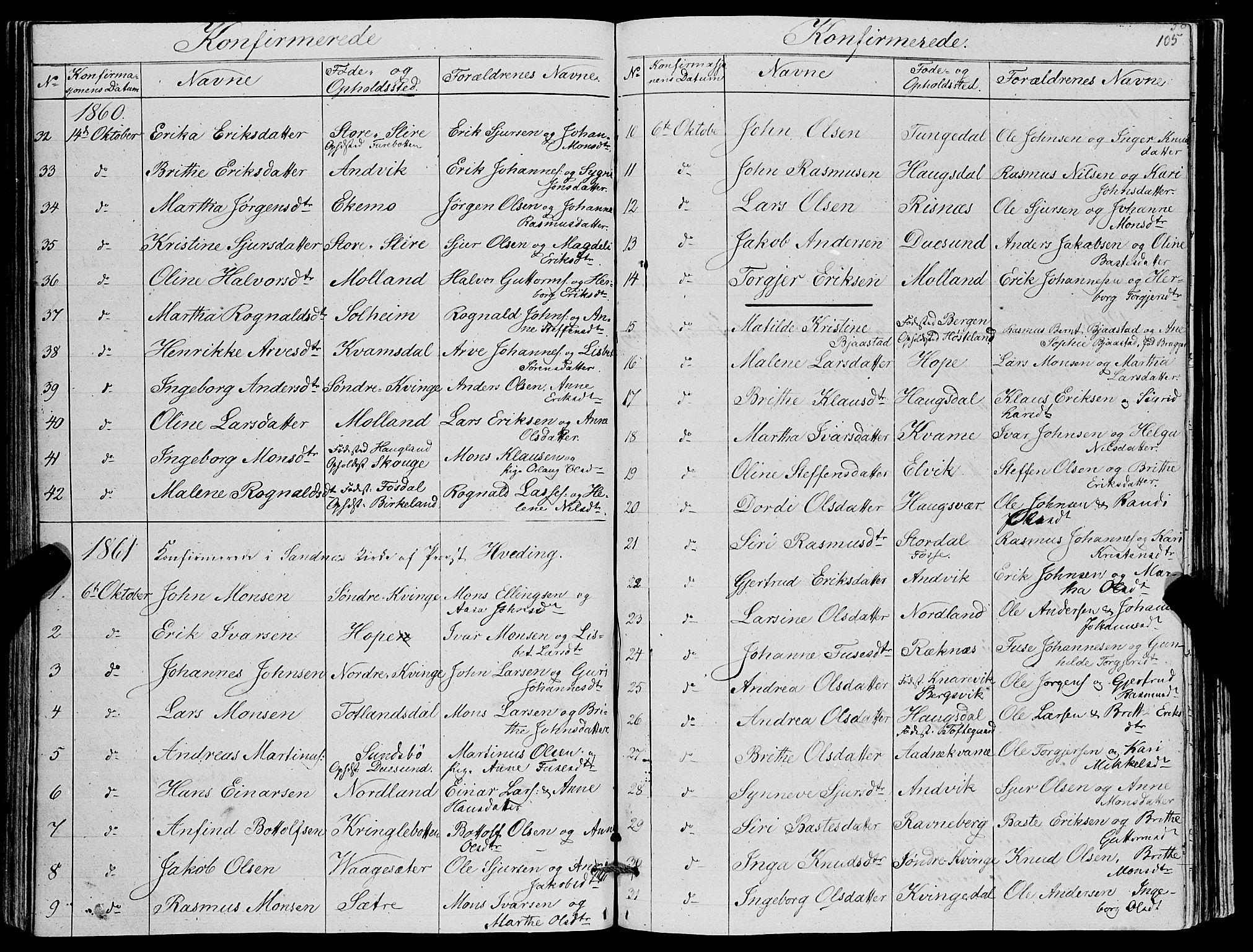 Masfjorden Sokneprestembete, AV/SAB-A-77001: Parish register (copy) no. A 1, 1851-1875, p. 105