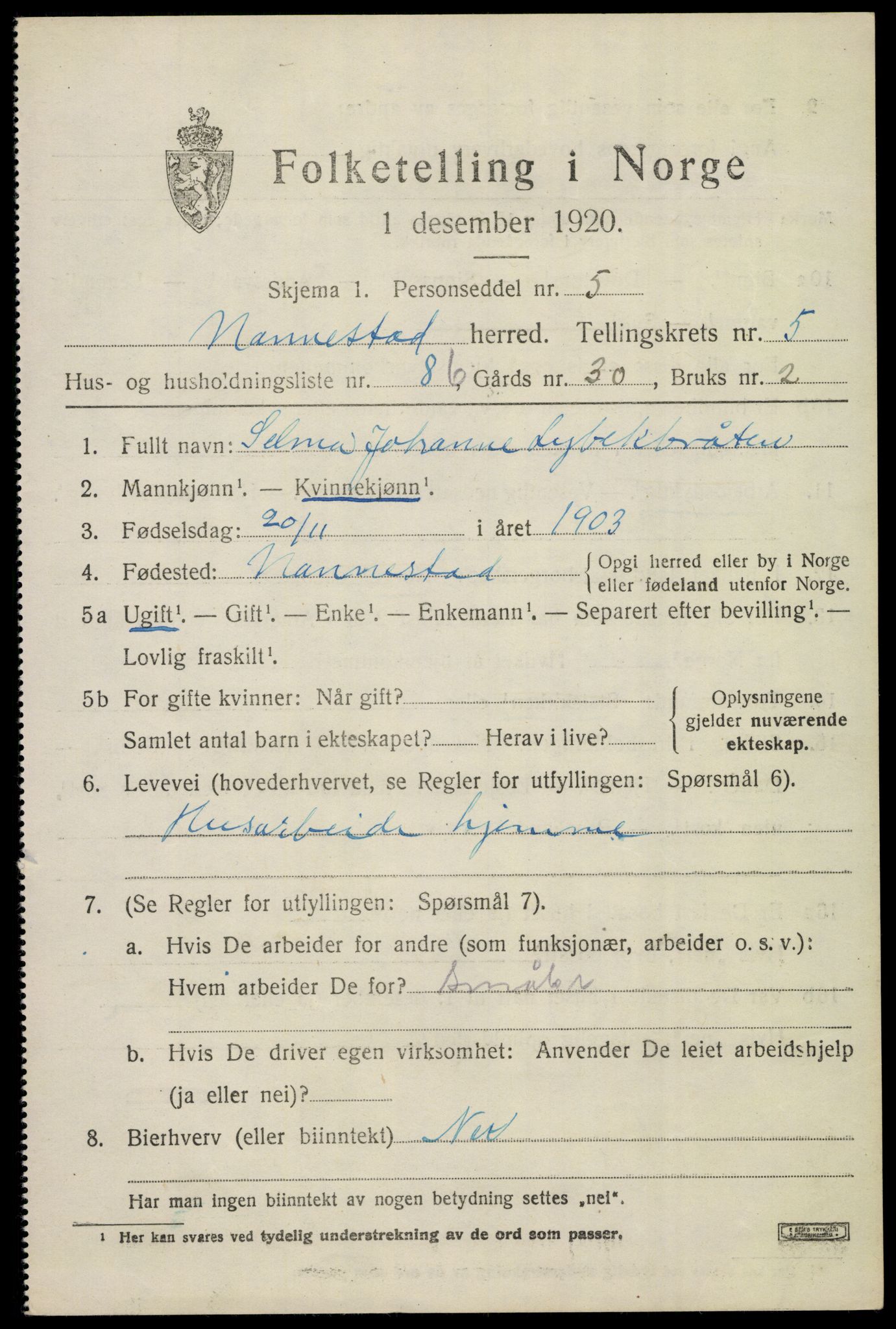 SAO, 1920 census for Nannestad, 1920, p. 7562