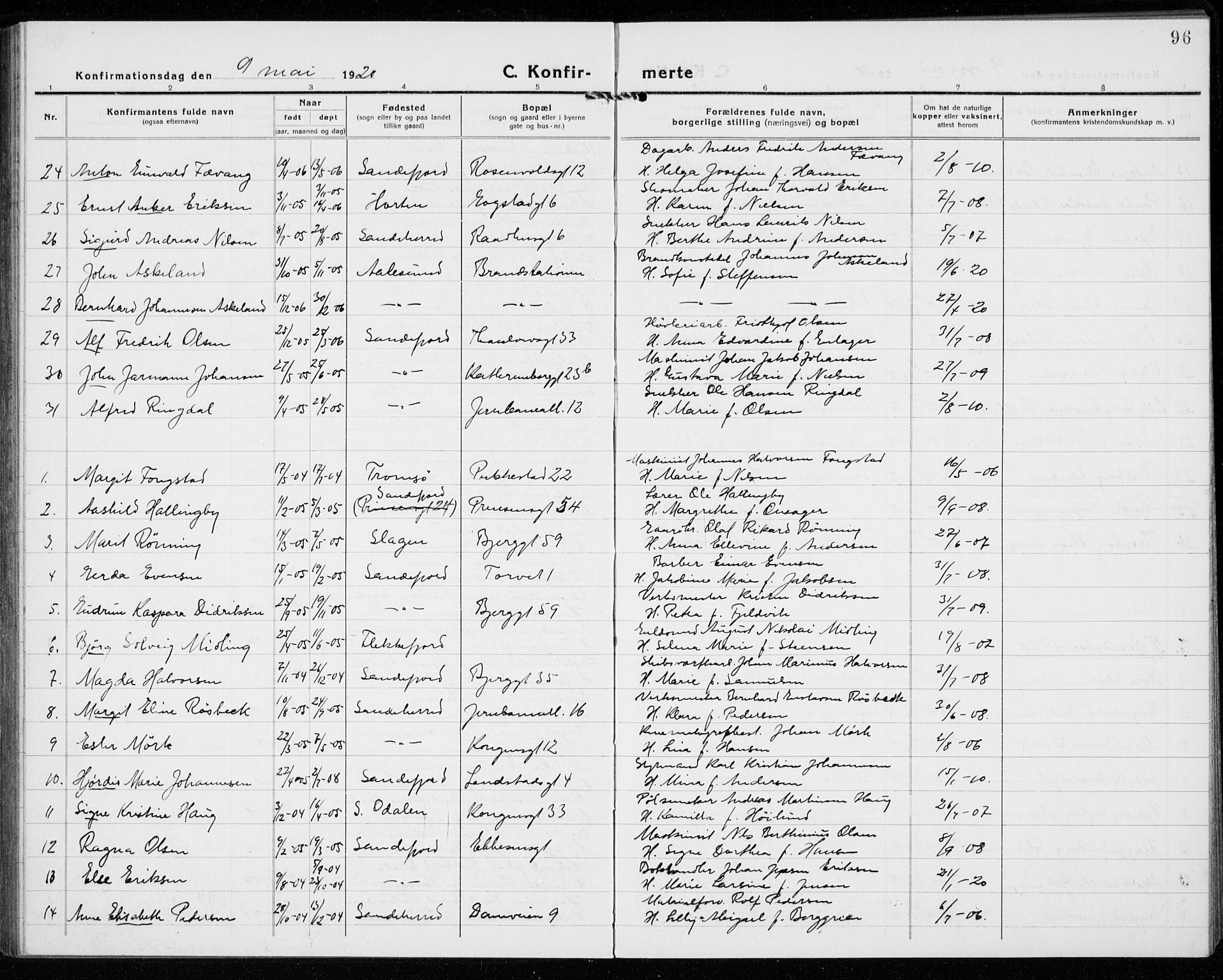 Sandefjord kirkebøker, AV/SAKO-A-315/G/Ga/L0004: Parish register (copy) no. 4, 1920-1931, p. 96