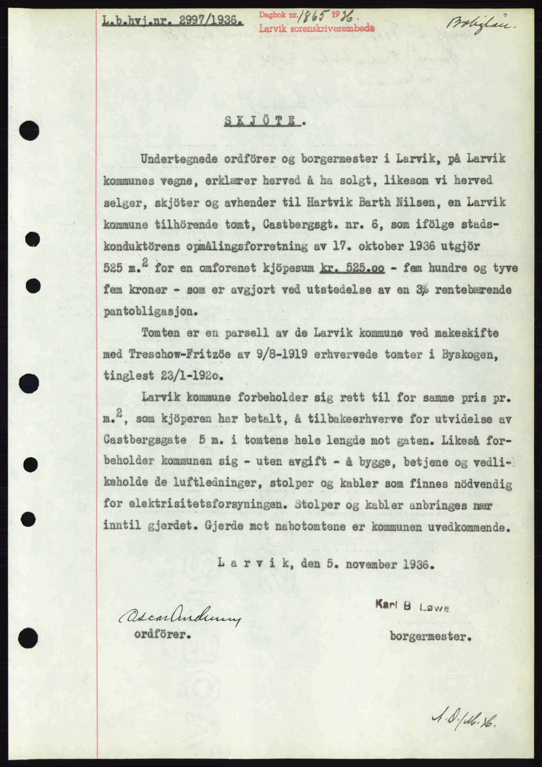 Larvik sorenskriveri, SAKO/A-83/G/Ga/Gab/L0067: Mortgage book no. A-1, 1936-1937, Diary no: : 1865/1936