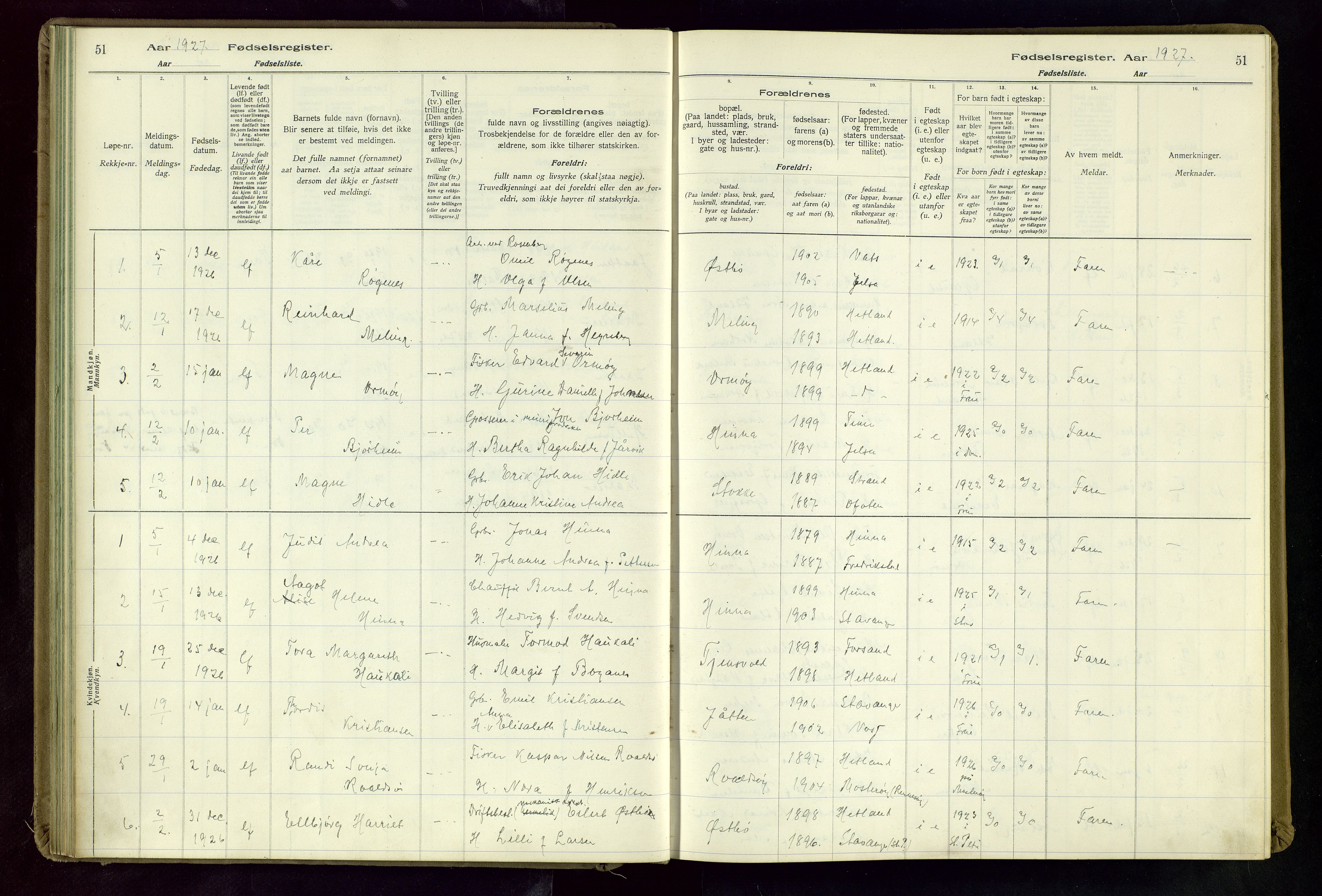 Hetland sokneprestkontor, SAST/A-101826/70/704BA/L0004: Birth register no. 4, 1923-1937, p. 51