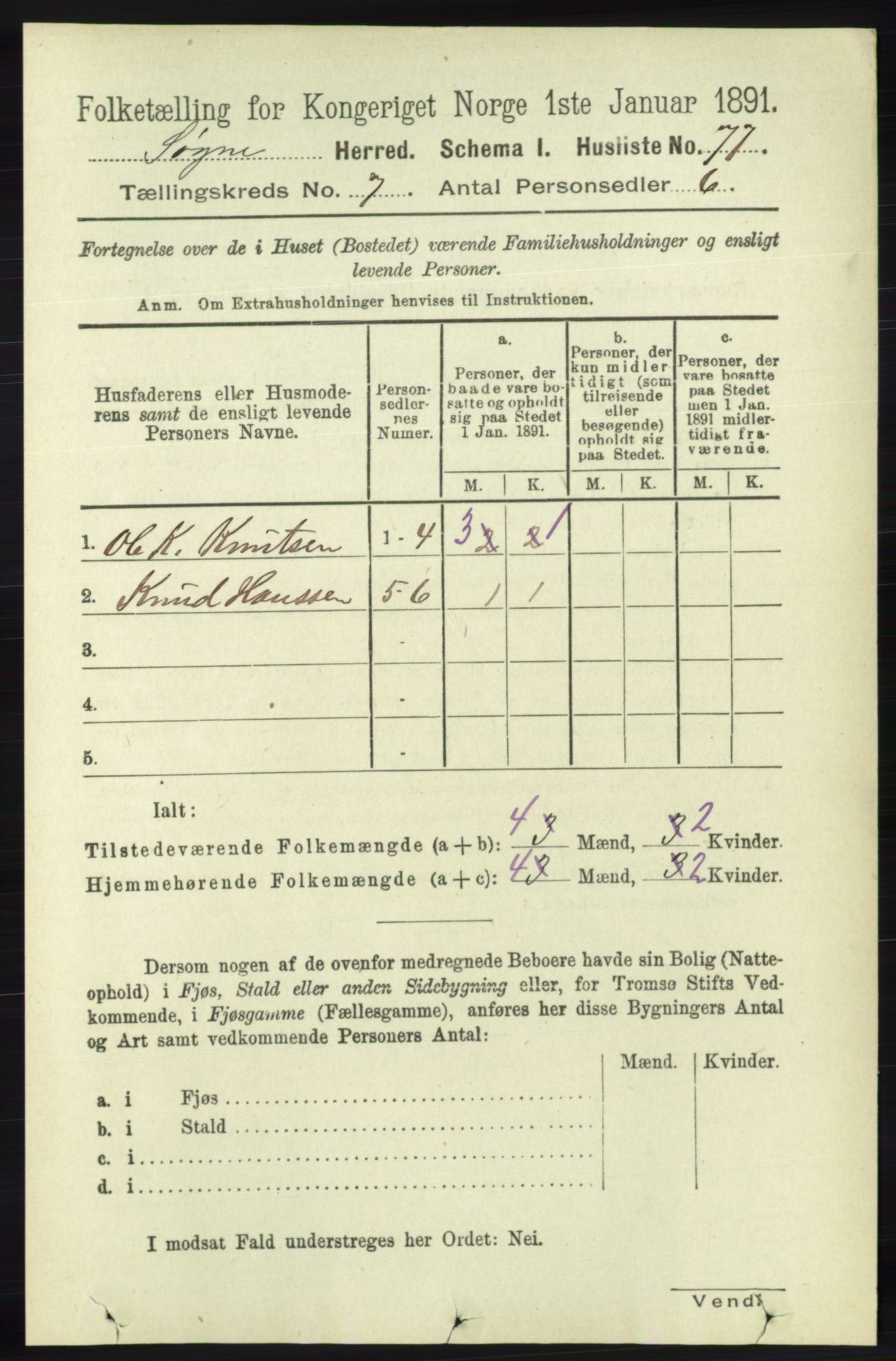 RA, 1891 census for 1018 Søgne, 1891, p. 1500