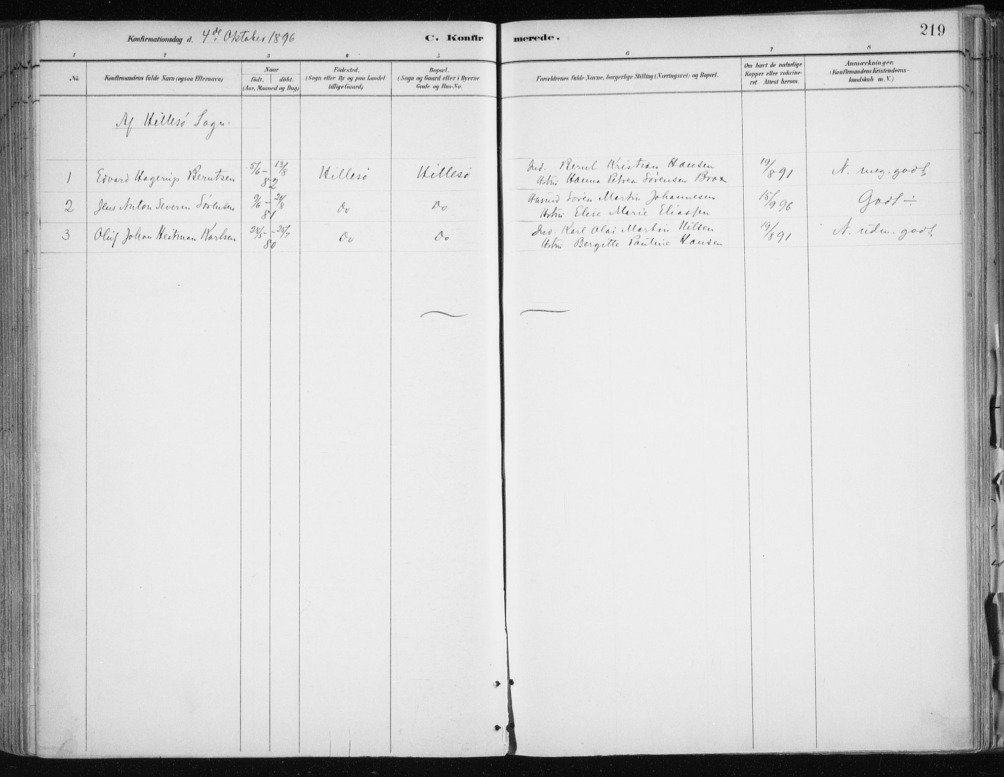 Tromsøysund sokneprestkontor, AV/SATØ-S-1304/G/Ga/L0005kirke: Parish register (official) no. 5, 1888-1896, p. 219