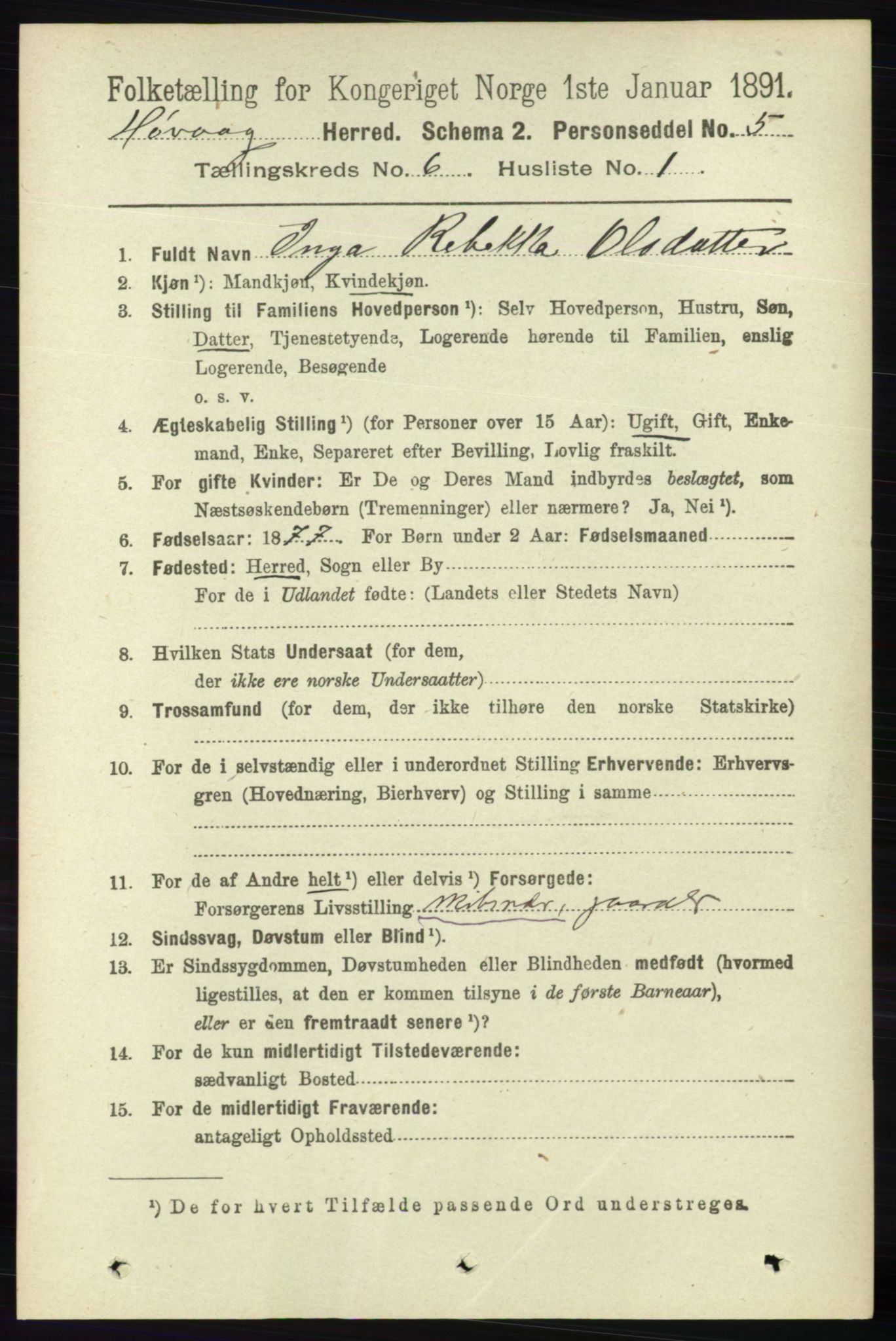 RA, 1891 census for 0927 Høvåg, 1891, p. 2220