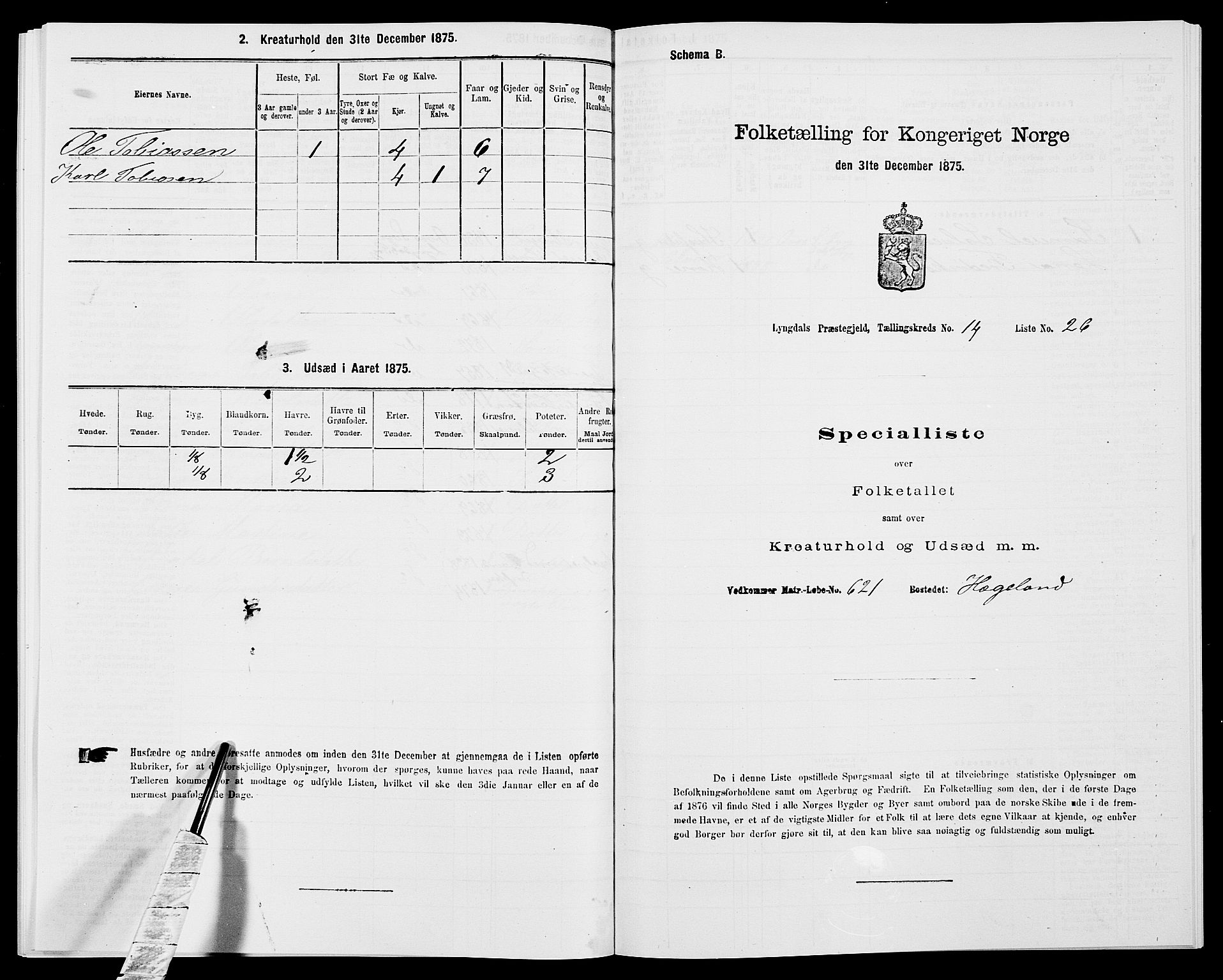 SAK, 1875 census for 1032P Lyngdal, 1875, p. 2067