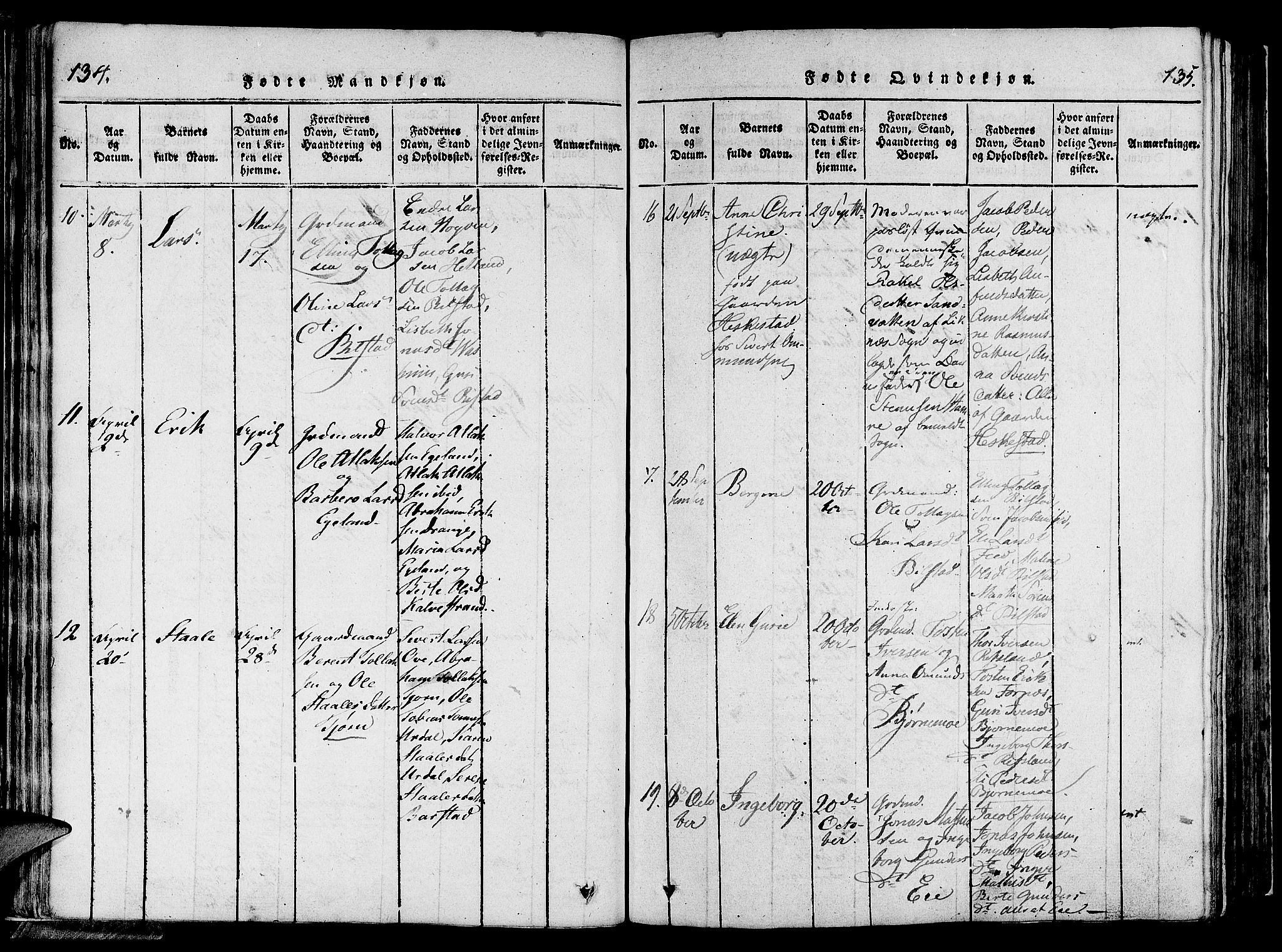 Lund sokneprestkontor, SAST/A-101809/S06/L0006: Parish register (official) no. A 6, 1816-1839, p. 134-135