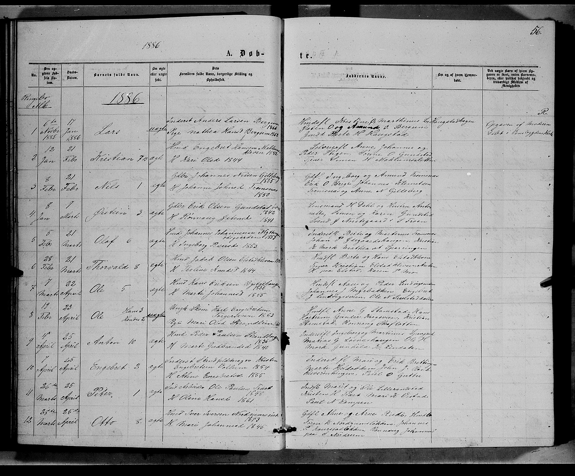 Ringebu prestekontor, SAH/PREST-082/H/Ha/Hab/L0006: Parish register (copy) no. 6, 1880-1898, p. 56