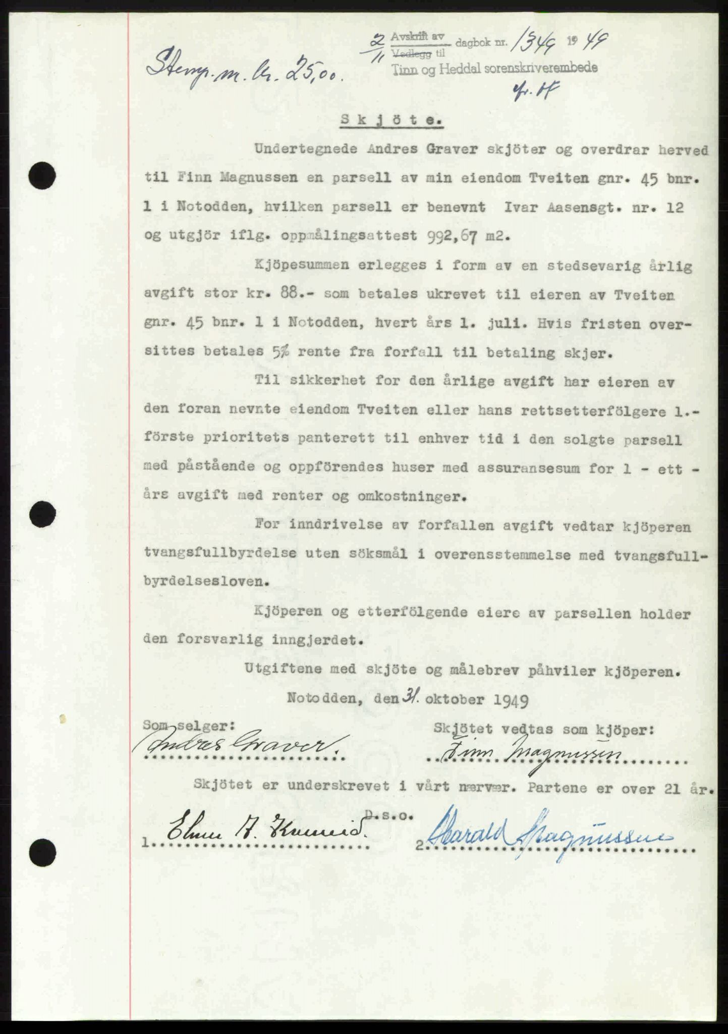 Tinn og Heddal sorenskriveri, AV/SAKO-A-212/G/Ga/L0014: Mortgage book no. 14, 1949-1950, Diary no: : 1349/1949