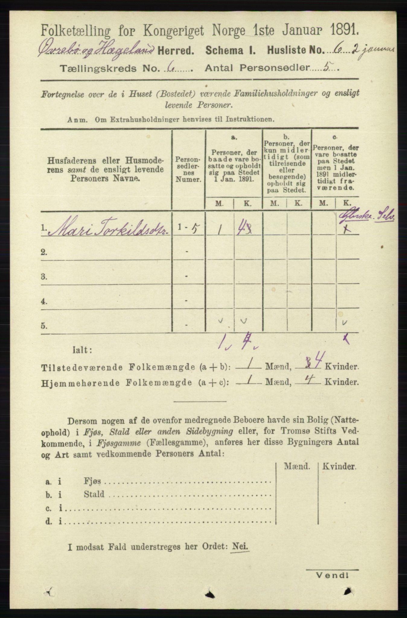 RA, 1891 census for 1016 Øvrebø og Hægeland, 1891, p. 1152