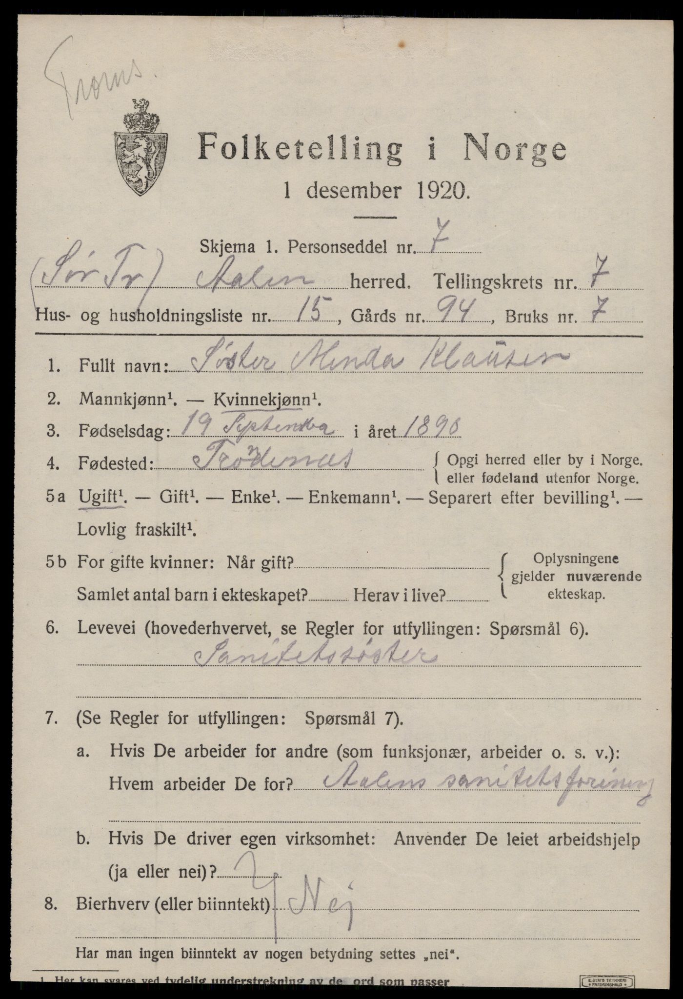 SAT, 1920 census for Ålen, 1920, p. 3596